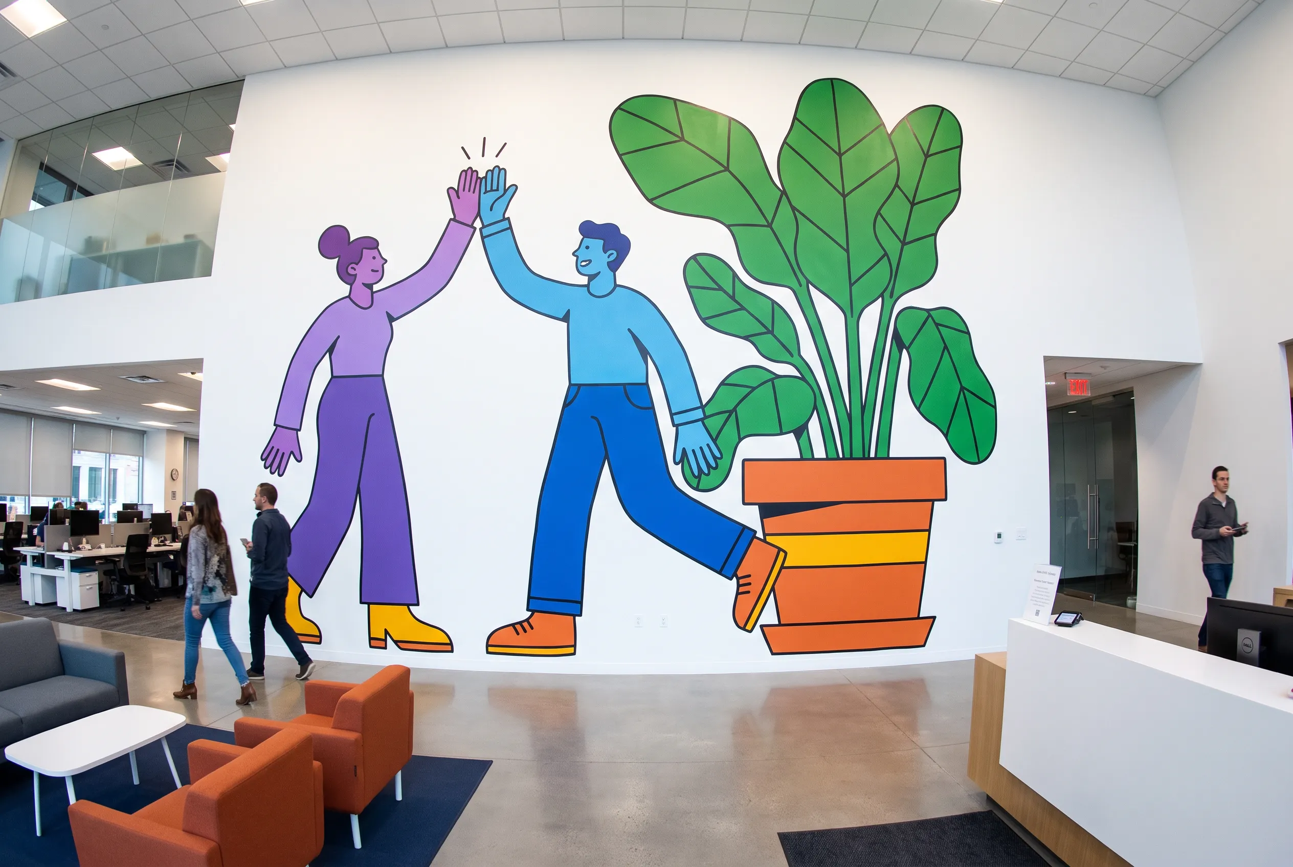 Painted wall mural in an office lobby showing two coworkers with purple and blue skin high-fiving beside a giant potted plant