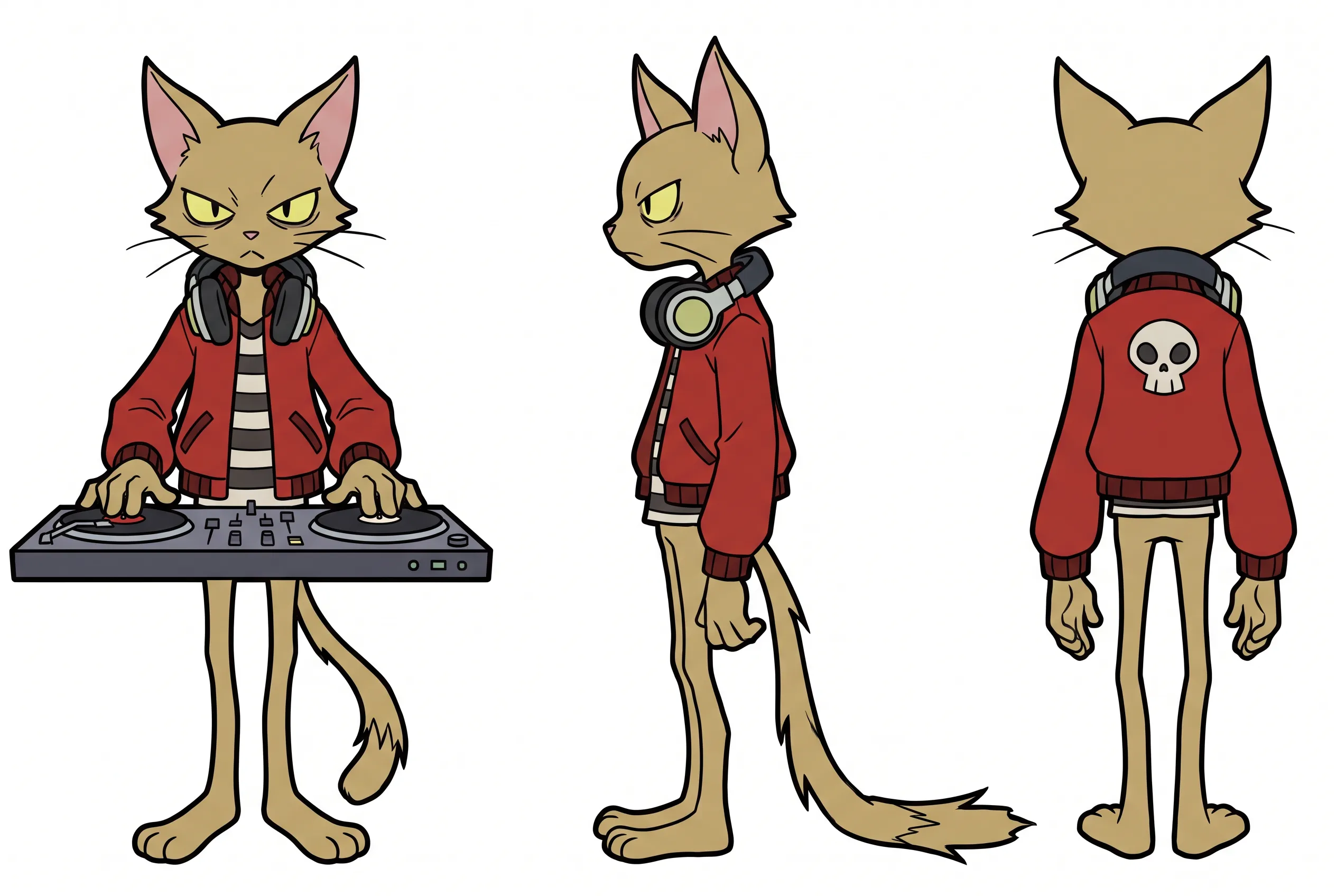 Character model sheet of a lanky alley cat DJ in three views, Panty and Stocking art style