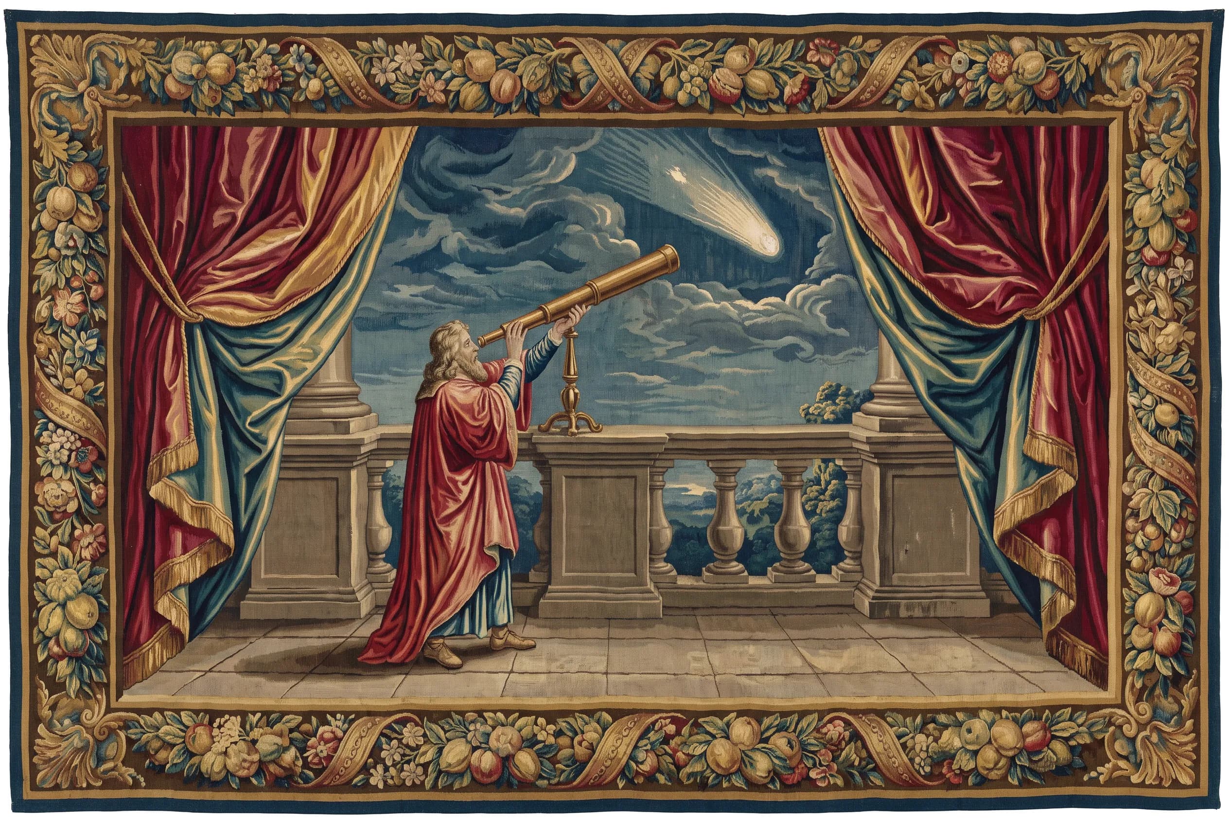 Wool and silk tapestry of an astronomer with a telescope under a comet, baroque art style