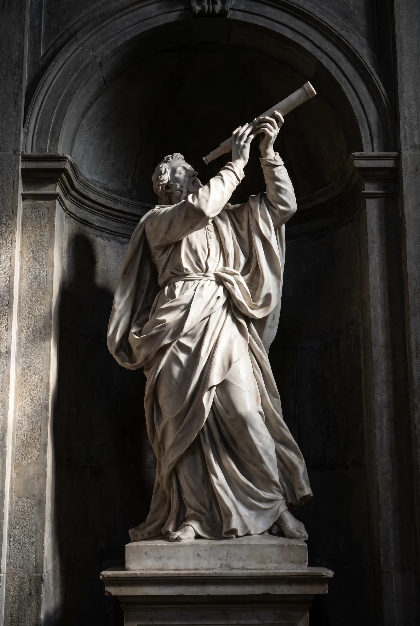 White marble statue of an astronomer twisting to raise a telescope, baroque art style