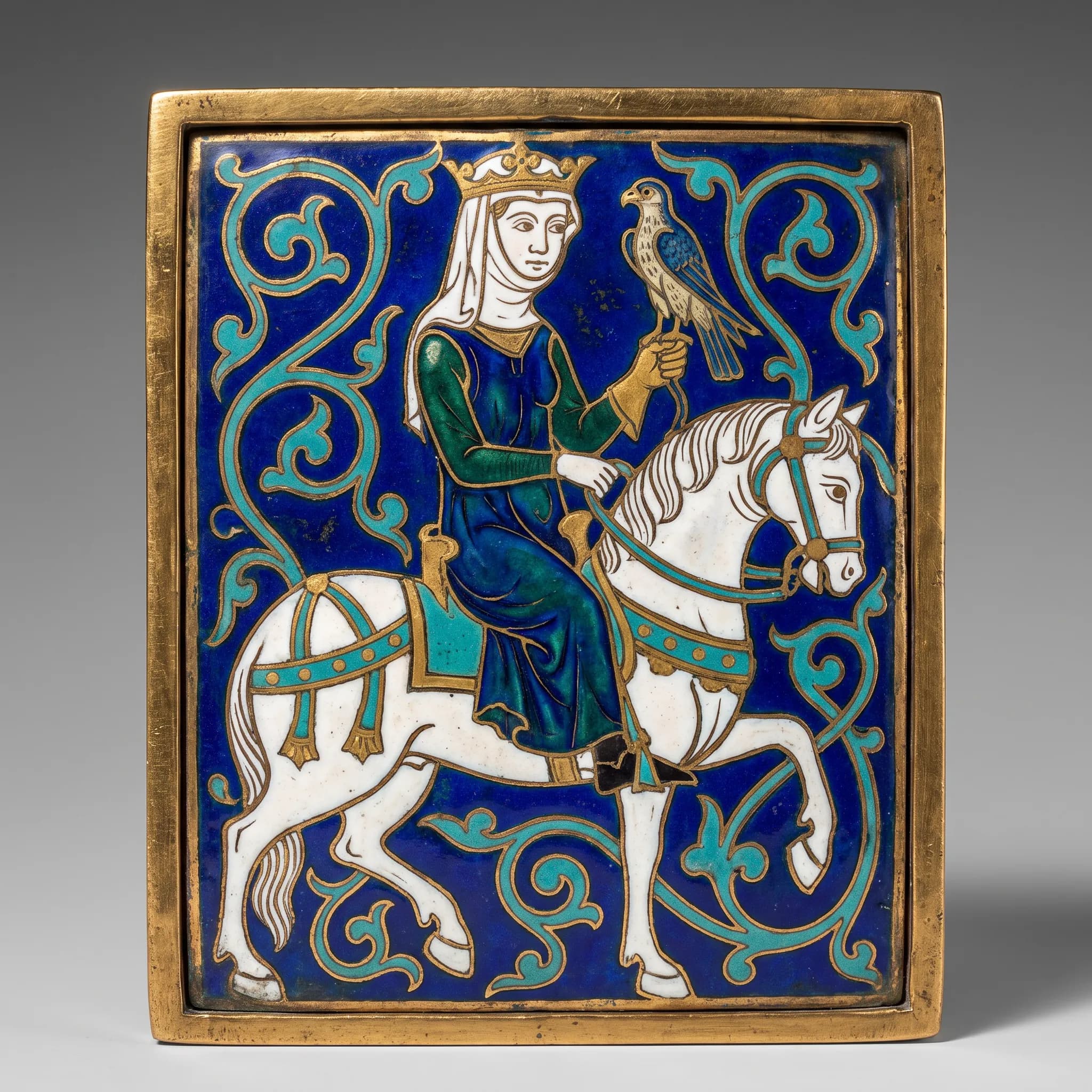 Champleve enamel plaque of a noblewoman falconer on a white horse, medieval art style