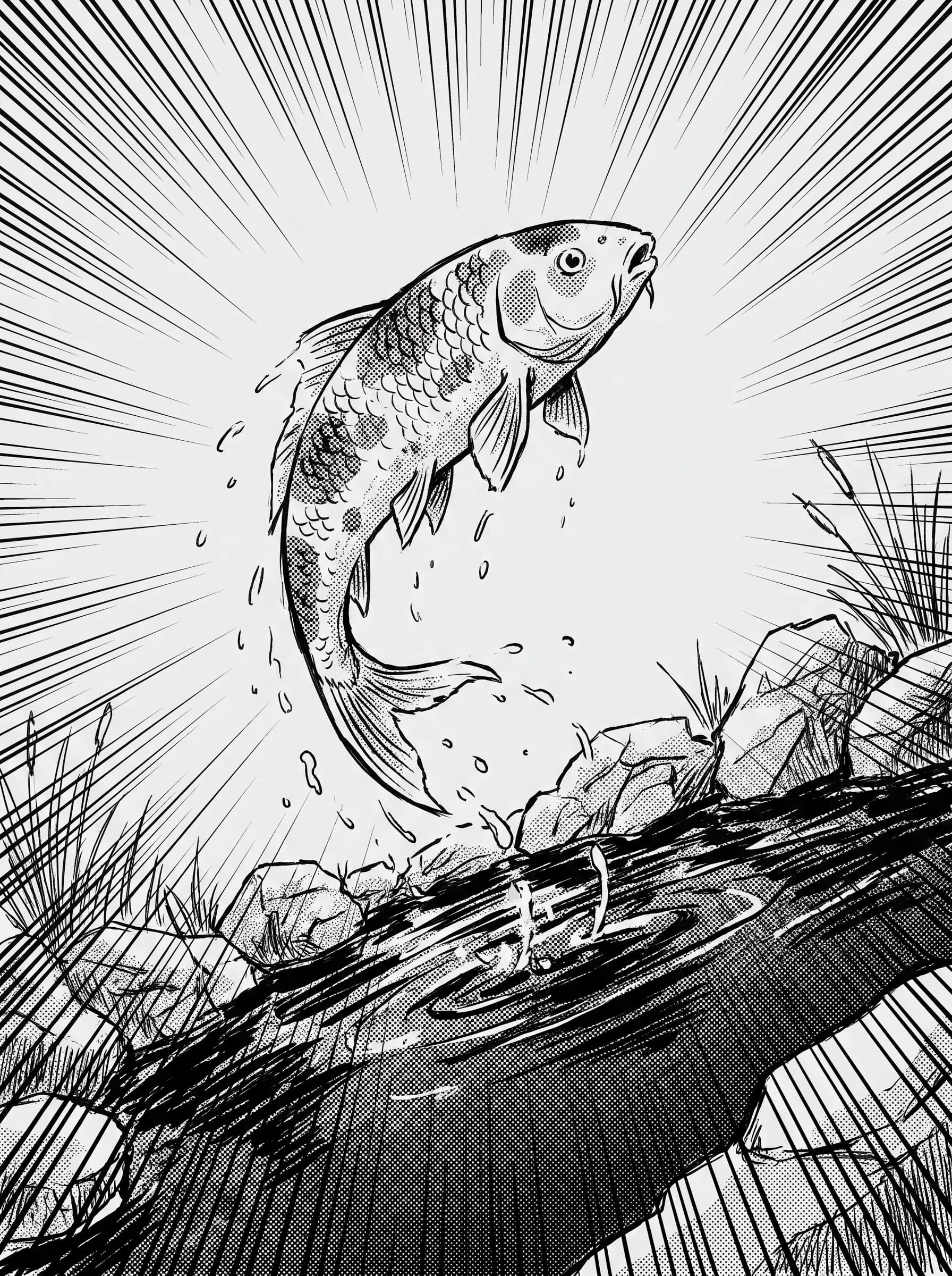 Manga panel of an orange-and-white koi leaping from a pond