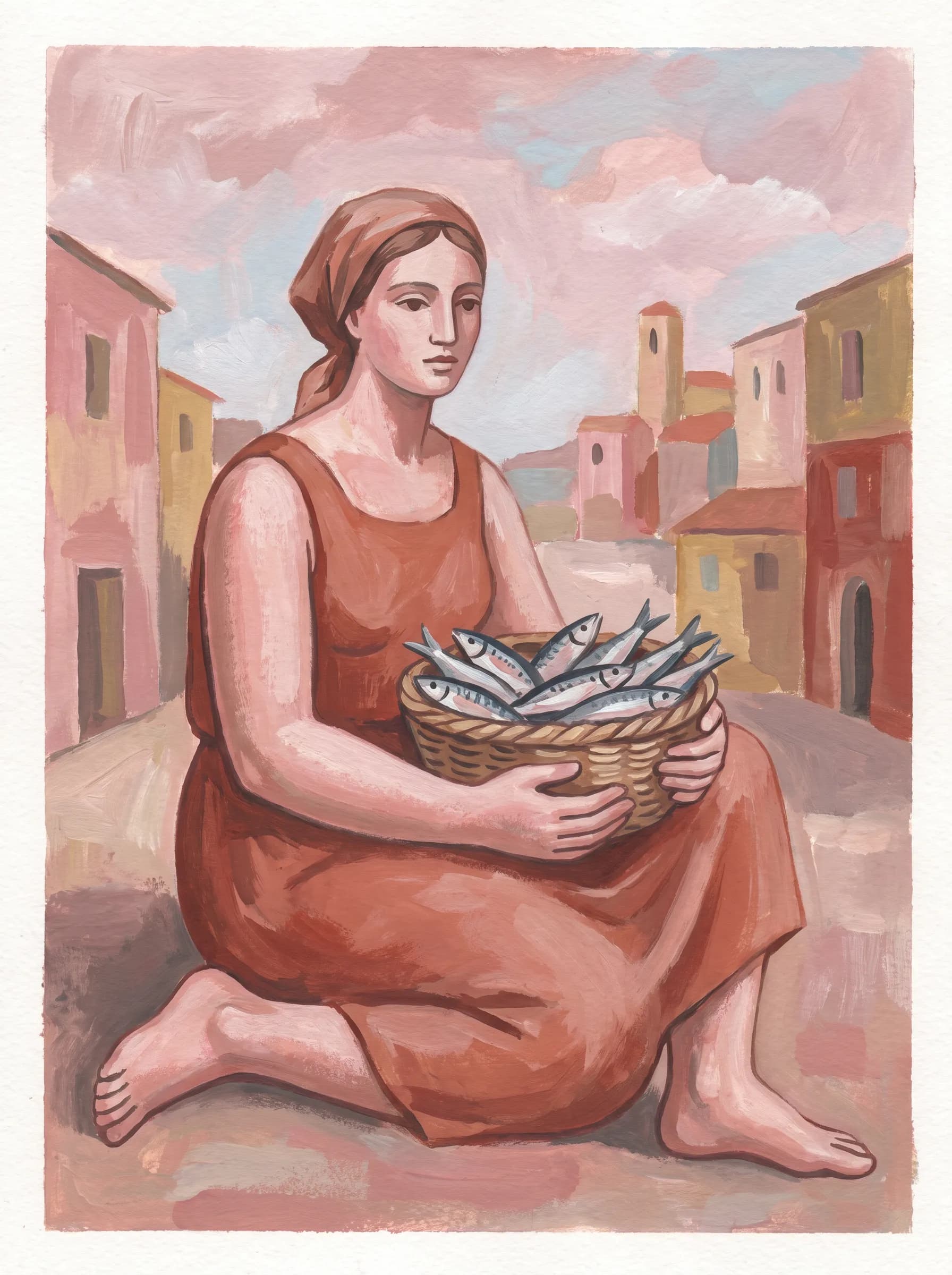 Gouache on paper of a Mediterranean fisherwoman with a basket of sardines