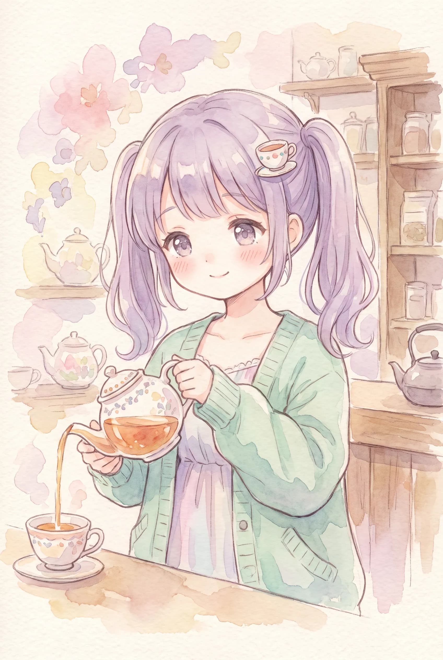 Soft watercolor illustration of an original tea-shop mascot in moe art style pouring tea