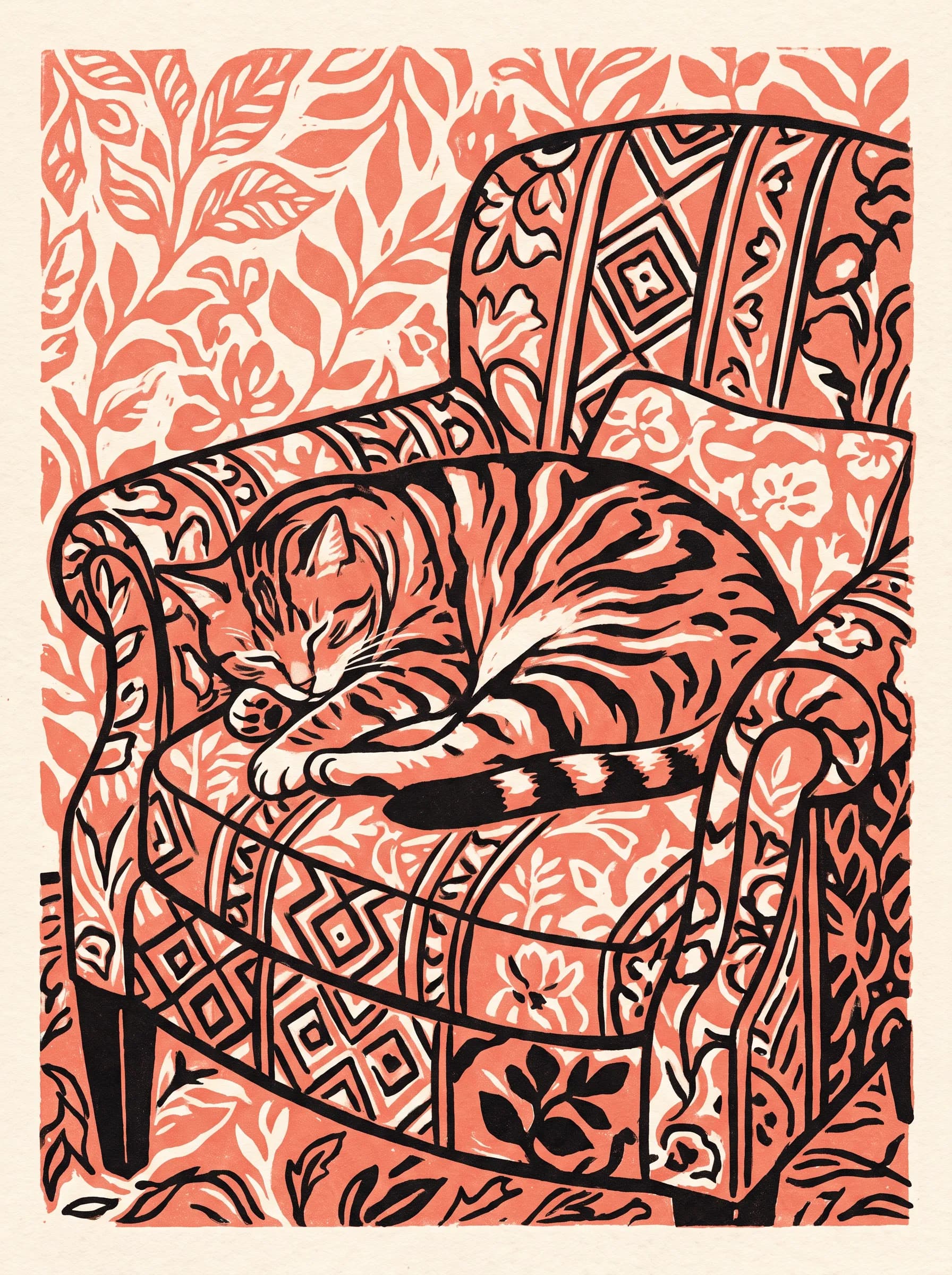 Two-color lithograph of a tabby cat asleep on a patterned armchair, Henri Matisse art style