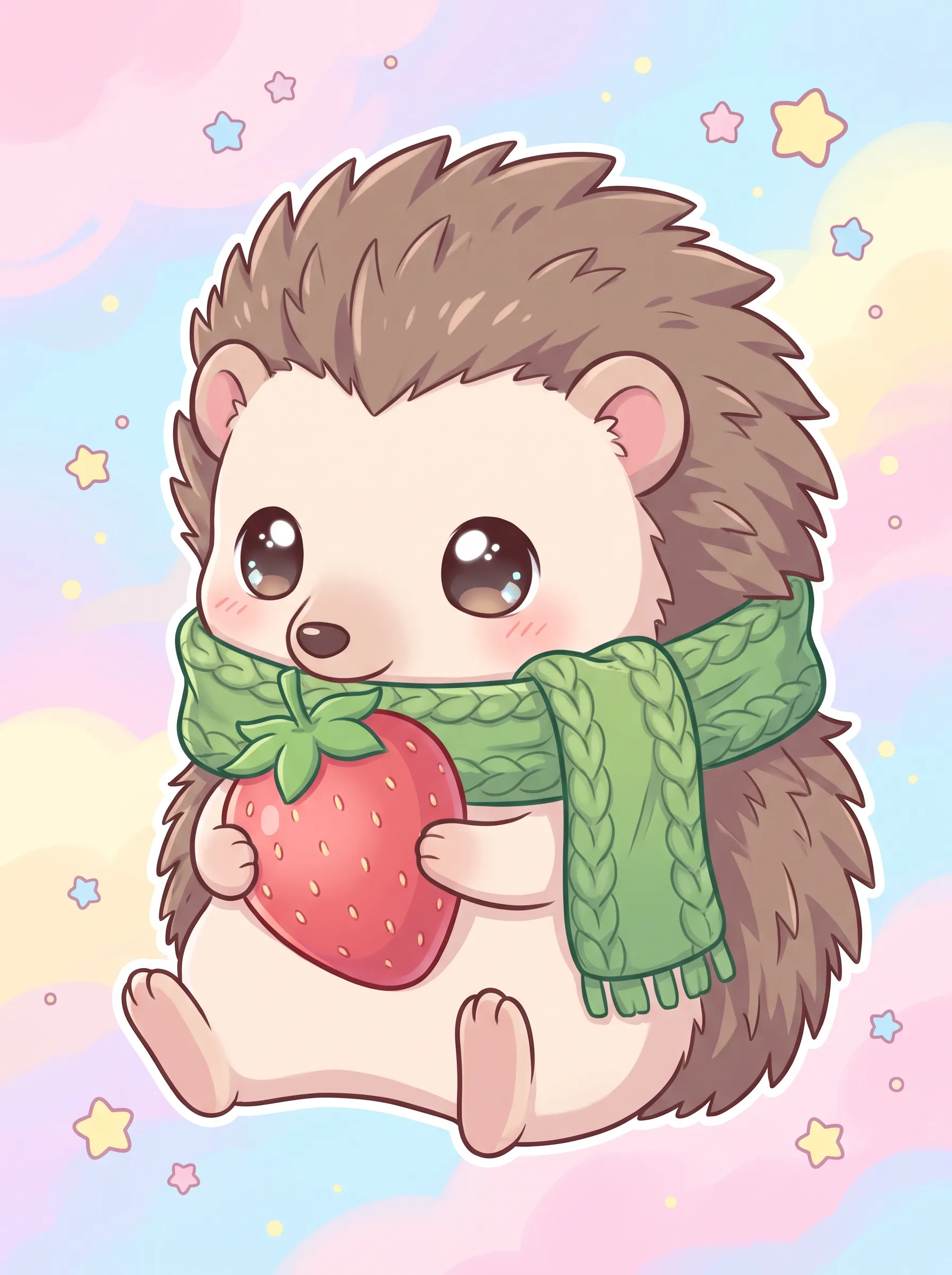 Chibi illustration of a little hedgehog in a knitted green scarf holding a strawberry