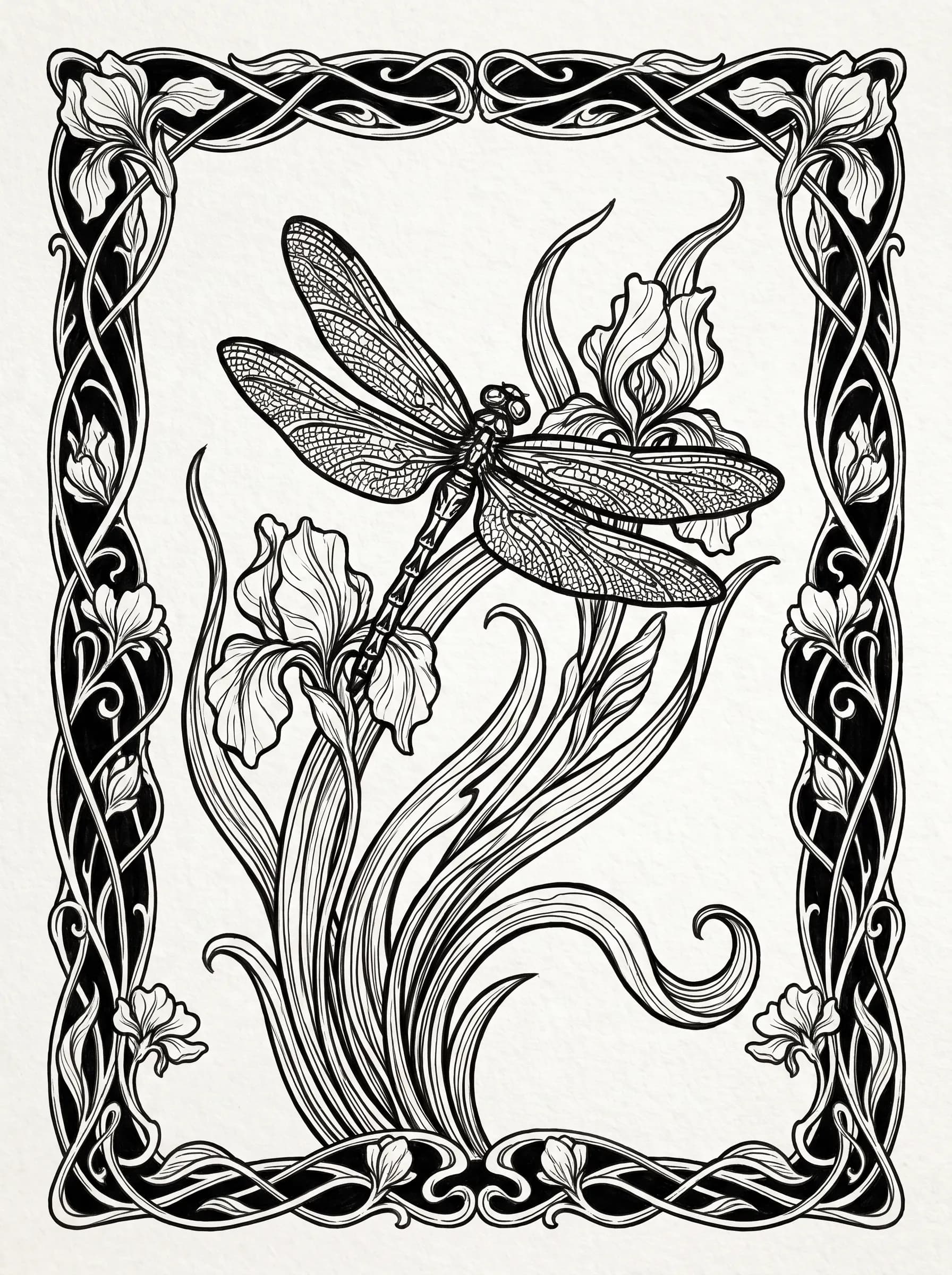 Black pen and ink book illustration of a dragonfly resting on iris stalks