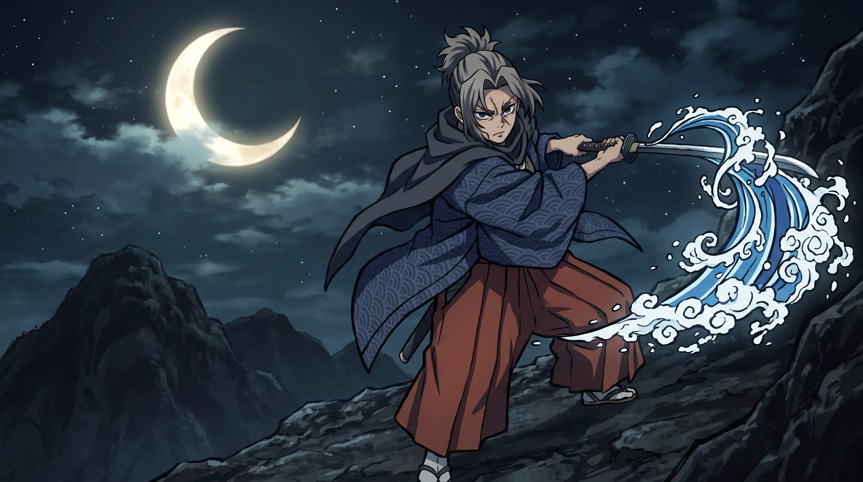 Anime key frame of a swordswoman in her forties mid-swing with ukiyo-e water off her blade, Demon Slayer art style
