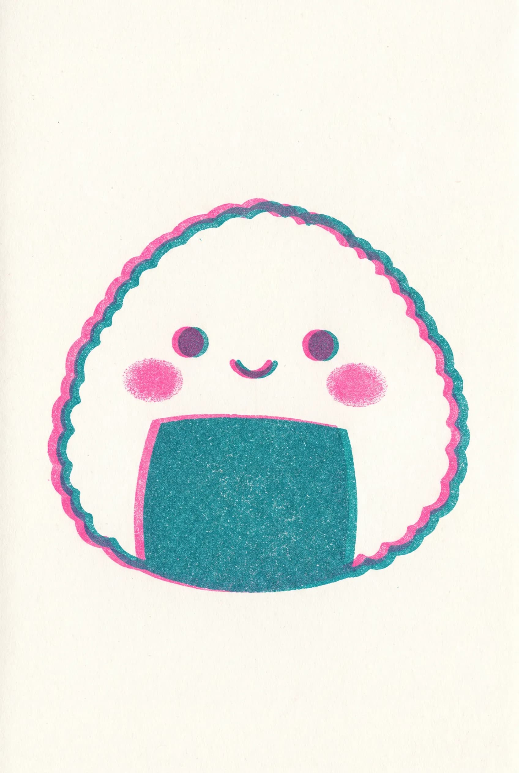 Pink and teal risograph print of a round onigiri rice ball mascot, kawaii art style