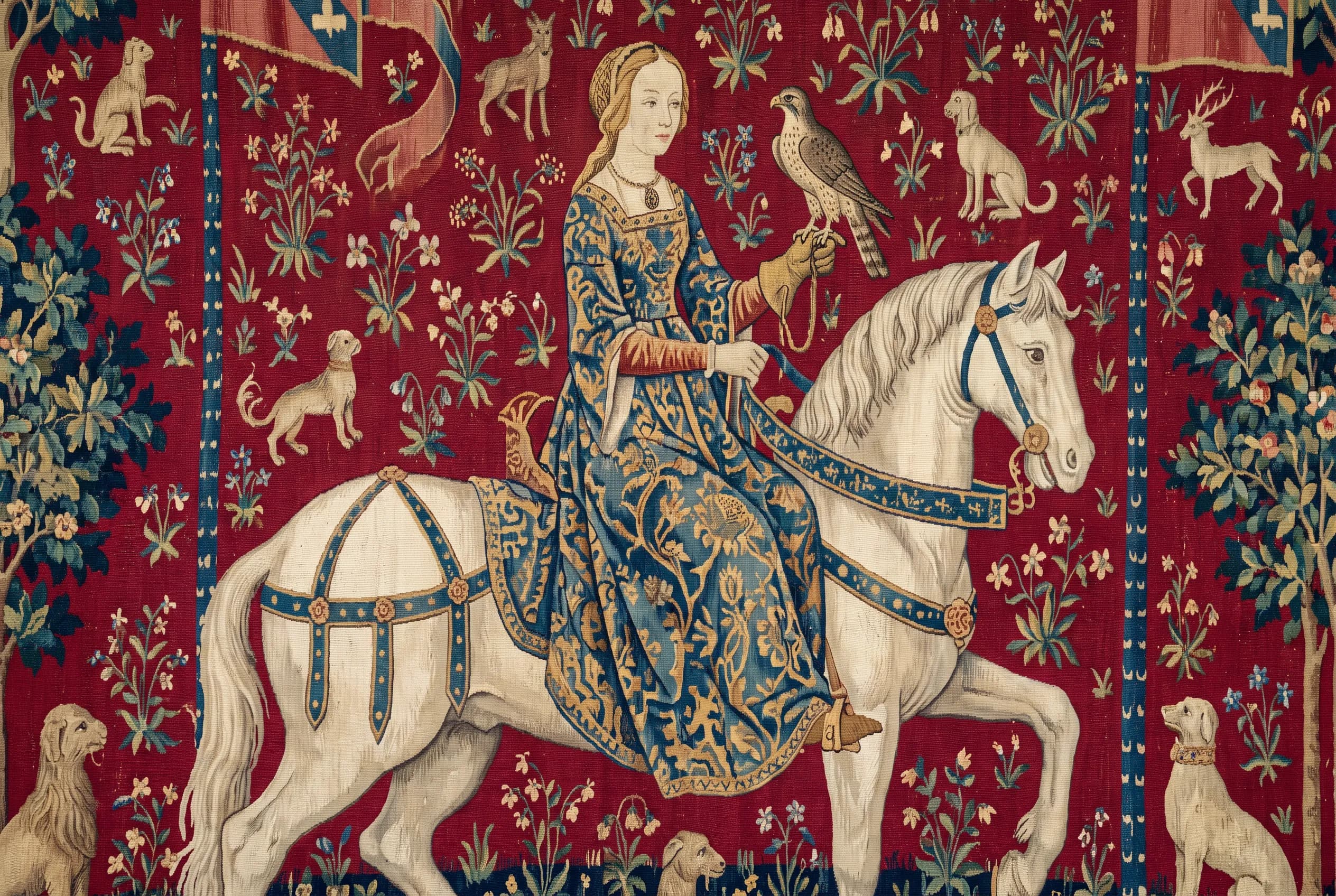 Wool tapestry of a noblewoman falconer riding a white horse through a flowered meadow, medieval art style