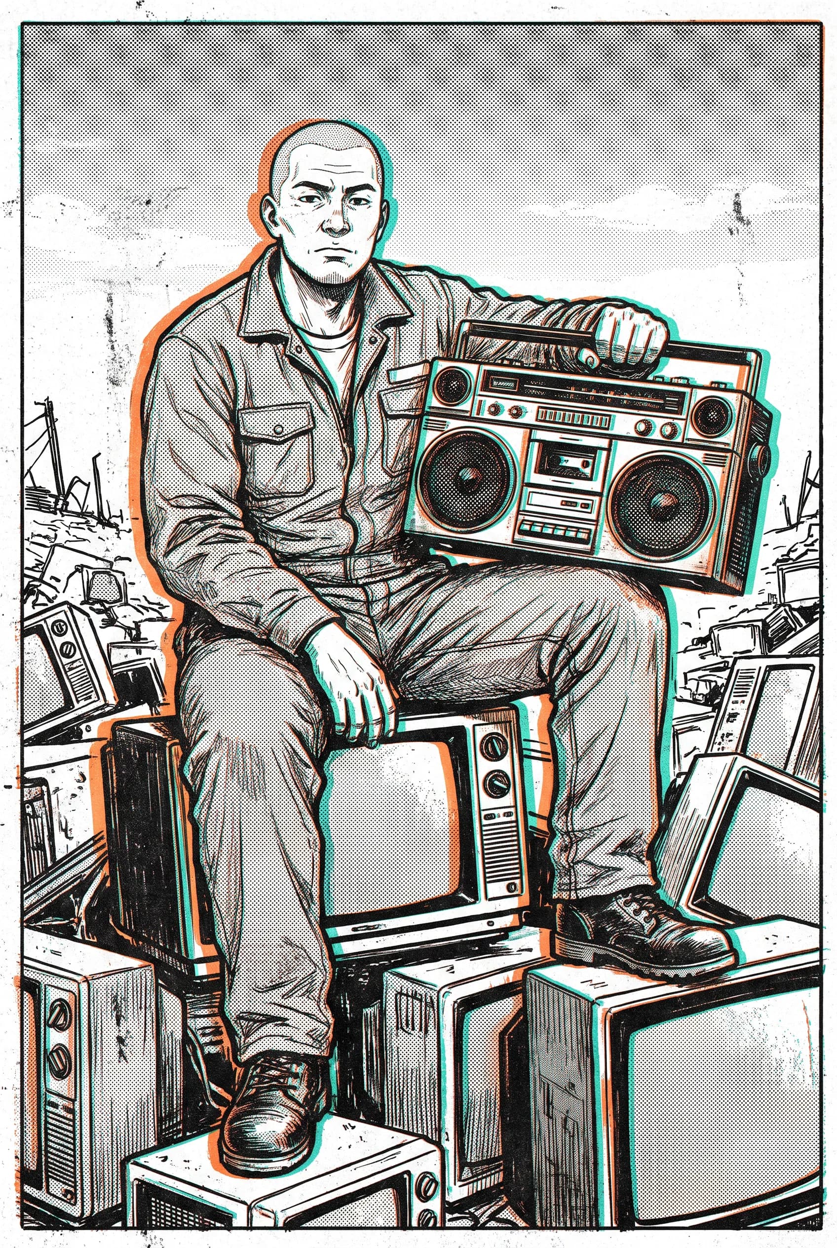 Risograph print of an adult scrapyard mechanic sitting on broken televisions, Gachiakuta art style
