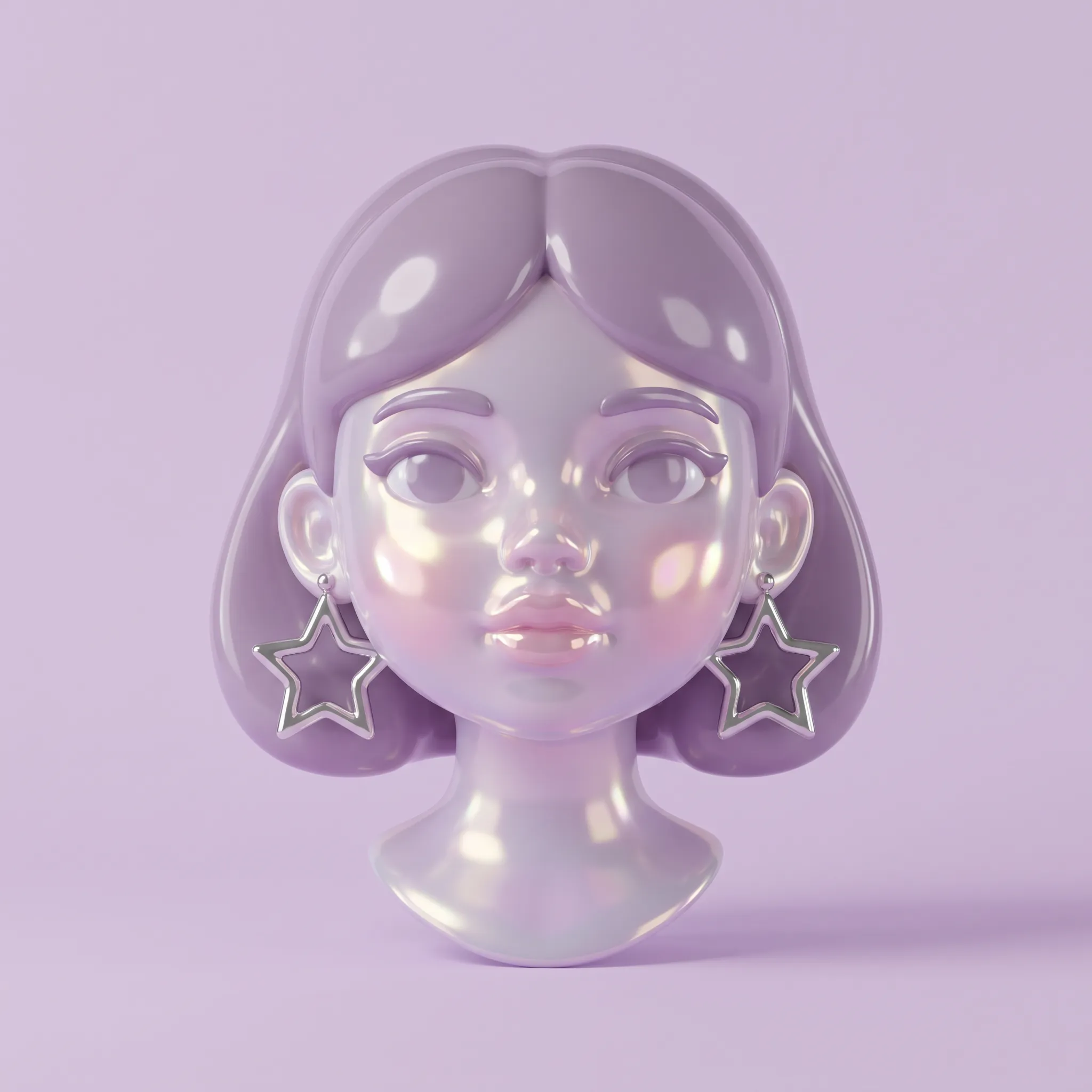 3D render of a glossy vinyl collectible bust of a young woman with a lilac bob and silver star earrings