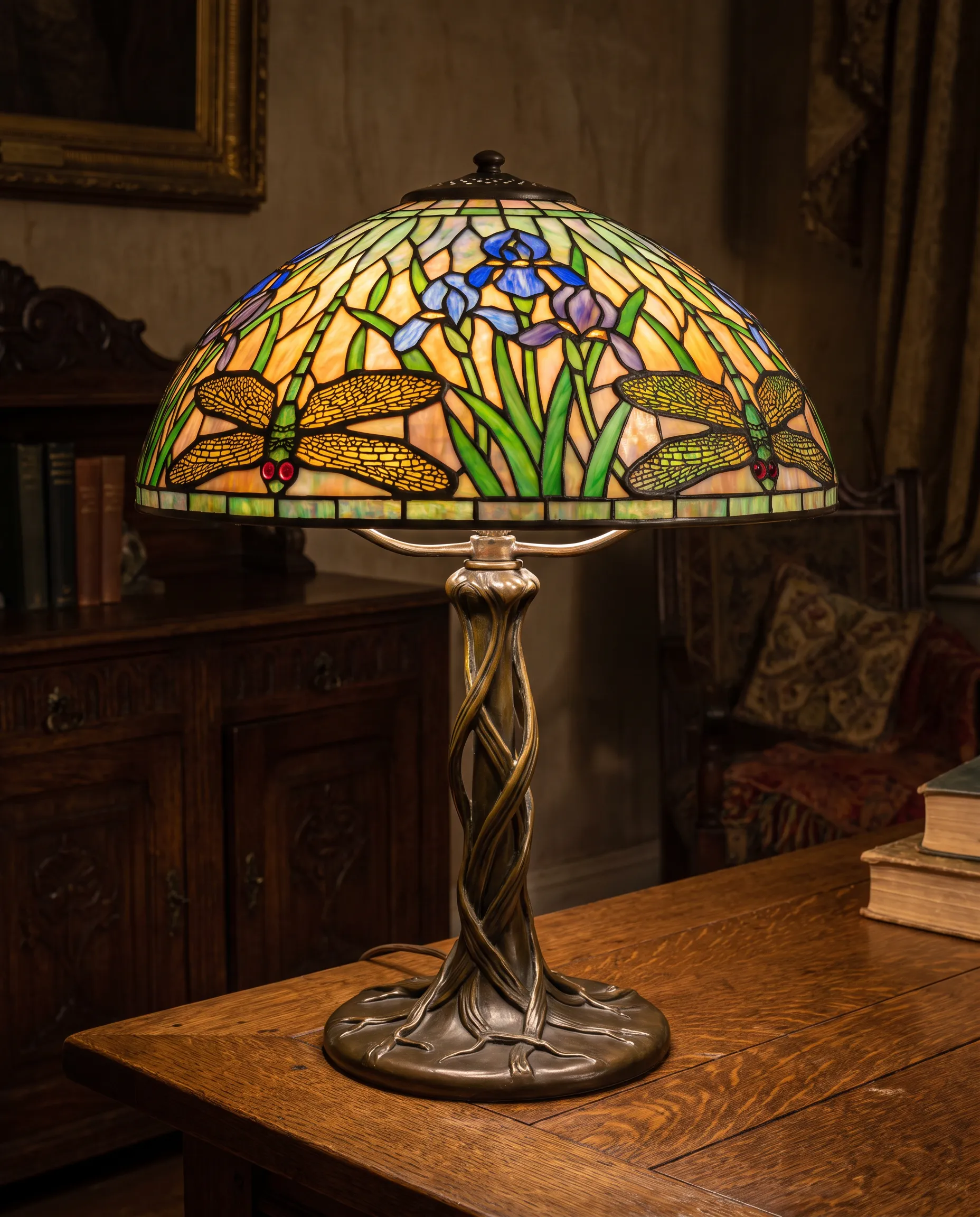 Leaded glass table lamp with a domed shade of dragonflies over iris stalks