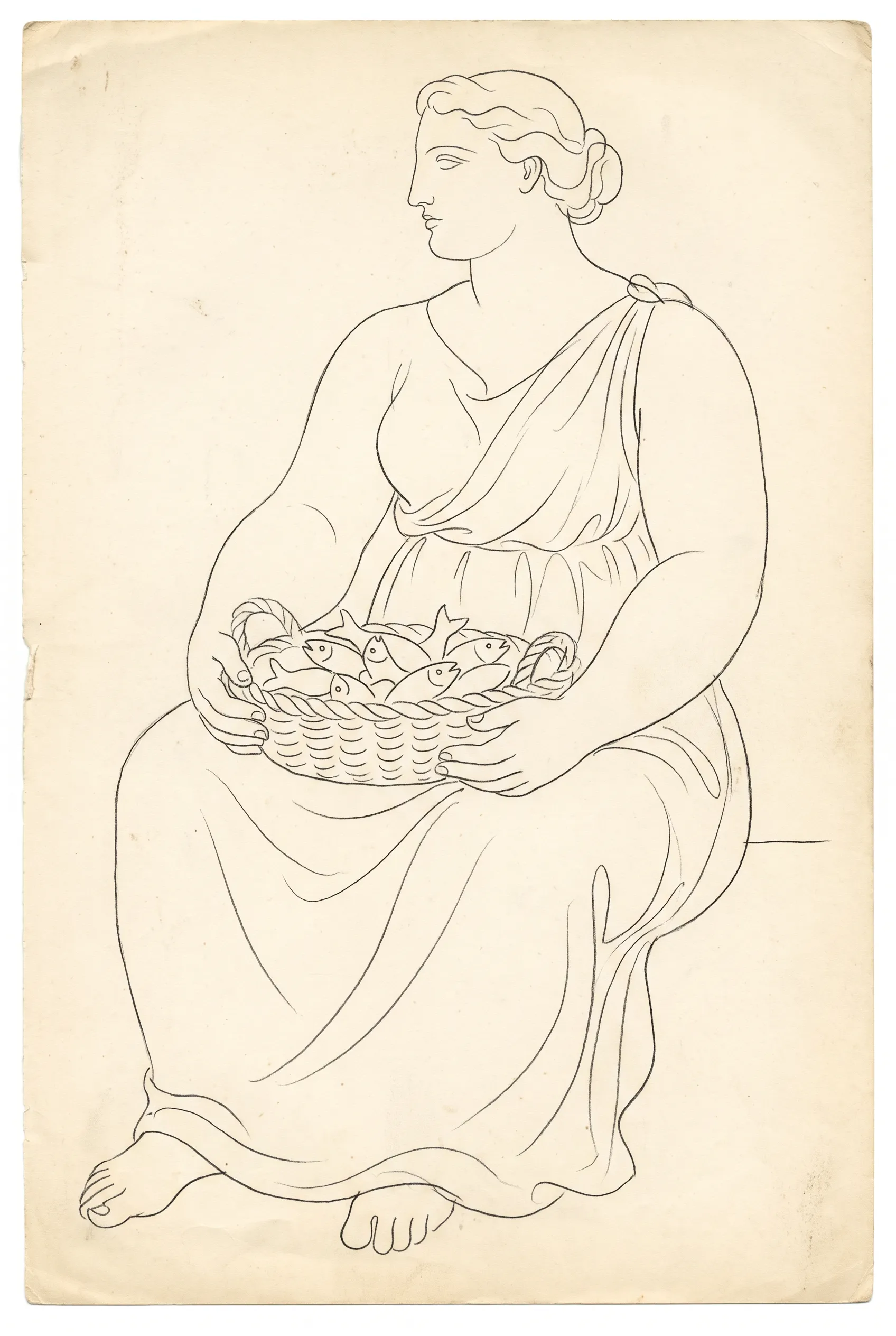 Pencil line drawing of a monumental seated fisherwoman with a basket of sardines