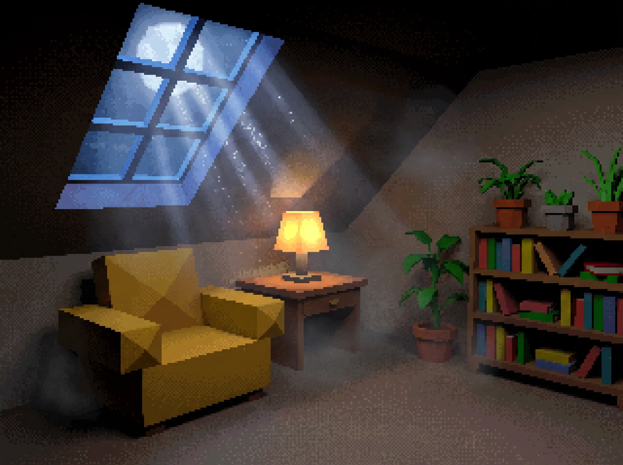 Retro game screenshot of a cozy attic reading nook at night, low poly art style