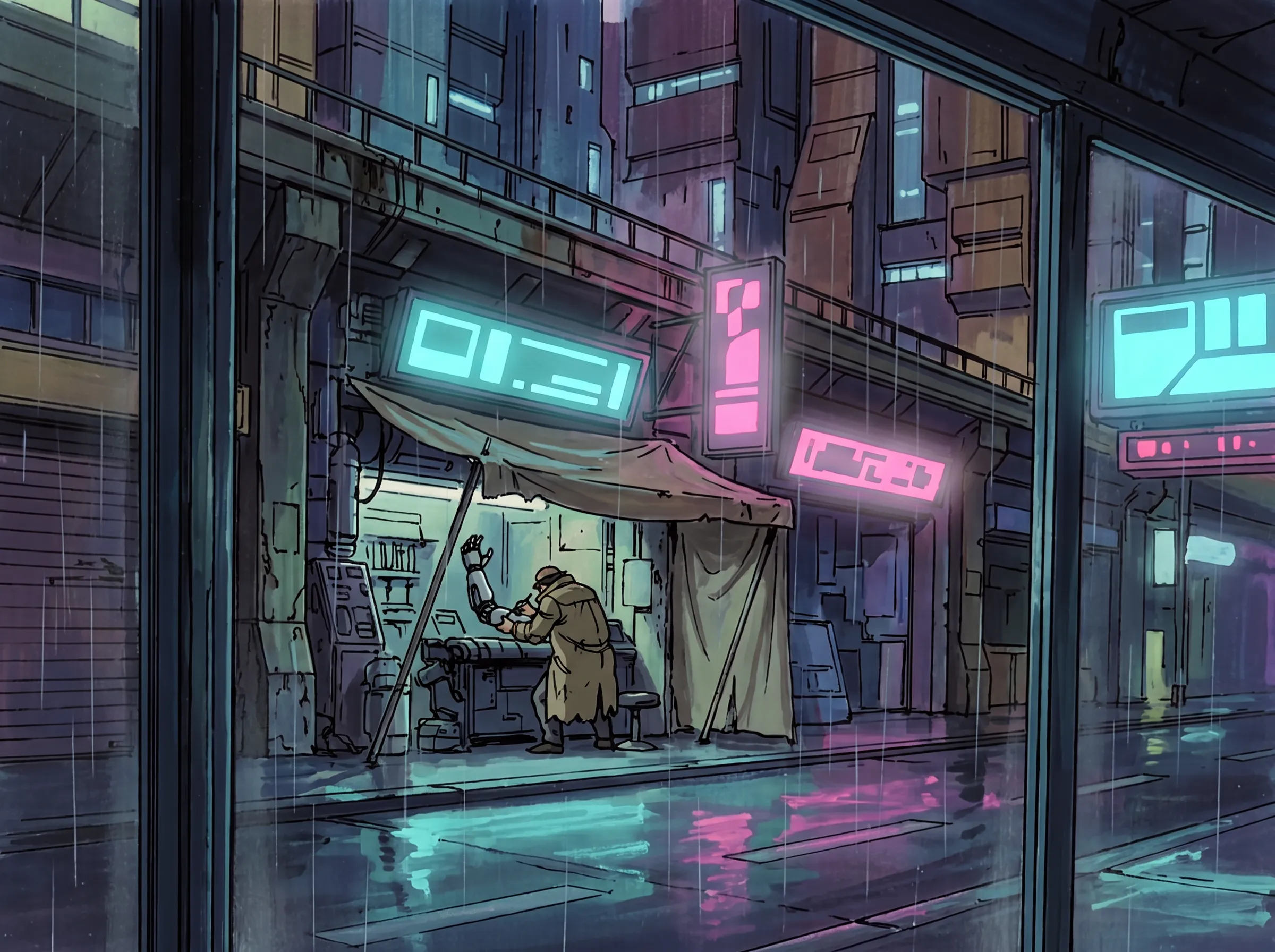 Cybernetic arm repair stall under an elevated rail line with dense towers behind, 1980s anime cel in cyberpunk art style