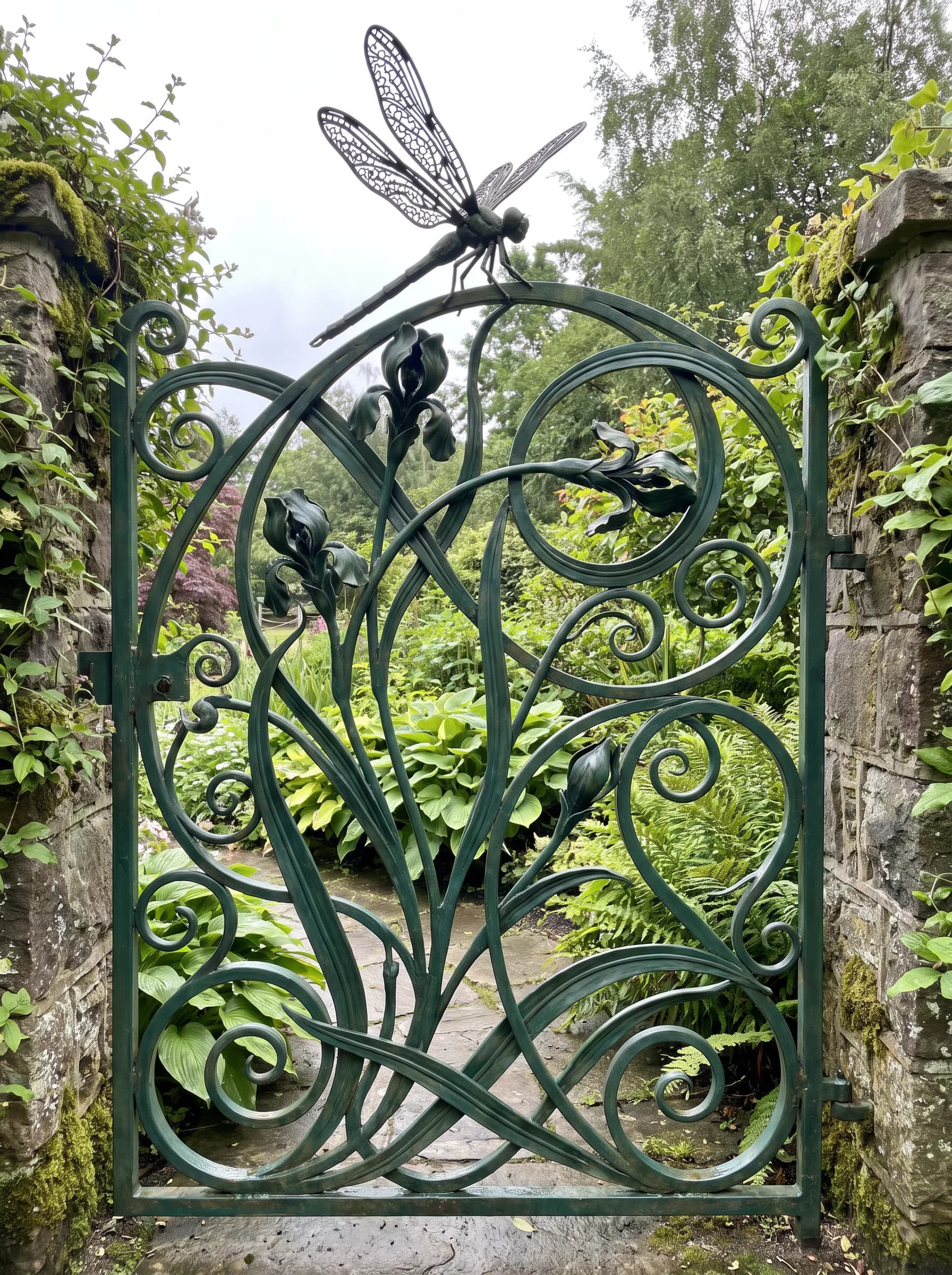 Wrought iron garden gate shaped as iris stalks with a dragonfly at the top