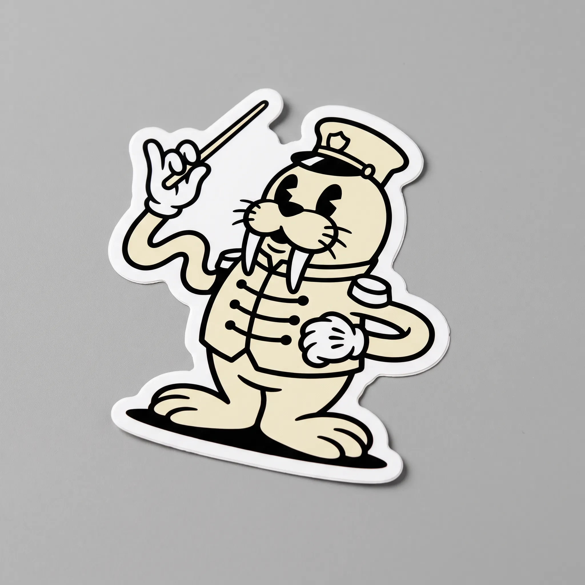 Die-cut vinyl sticker of a walrus bandleader waving a baton, rubber hose art style