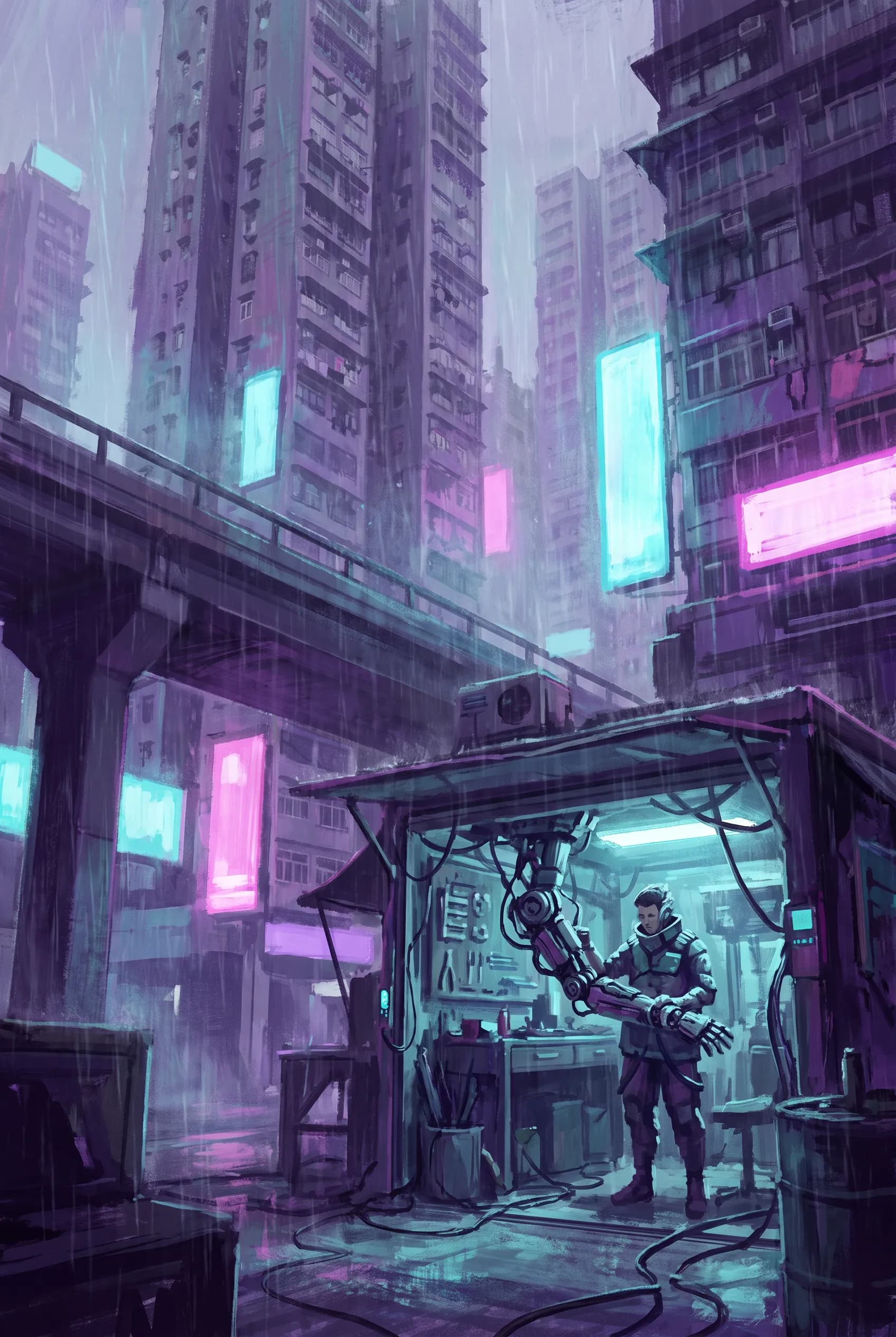 Cybernetic arm repair stall beneath towering apartment blocks in rain haze, gouache concept painting in cyberpunk art style