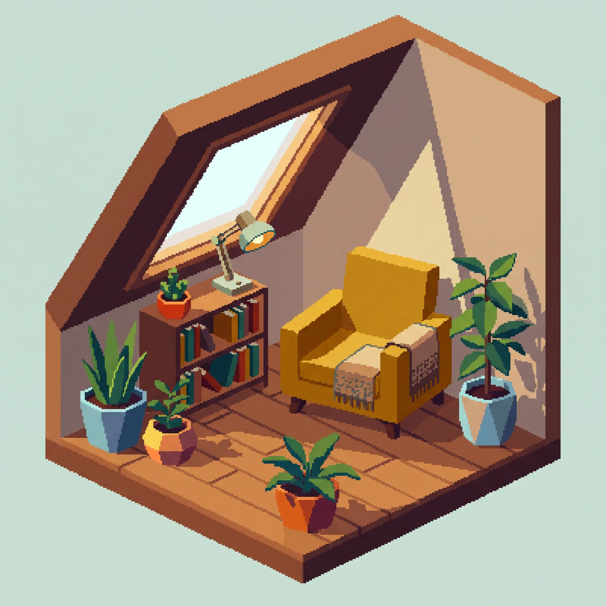Isometric pixel art of a cozy attic reading nook imitating low poly art style