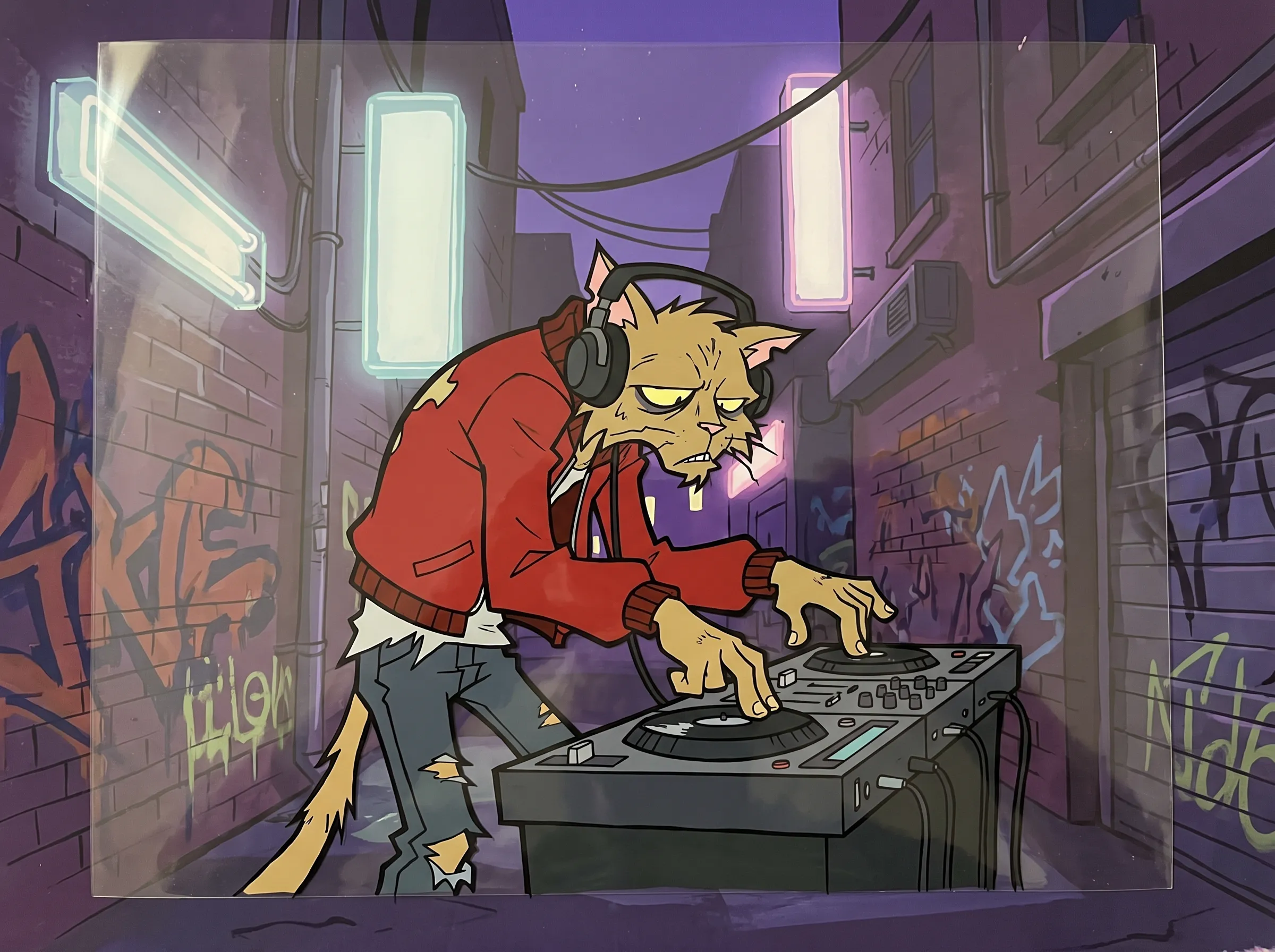 Hand-painted animation cel of a lanky alley cat DJ in a neon alley, Panty and Stocking art style