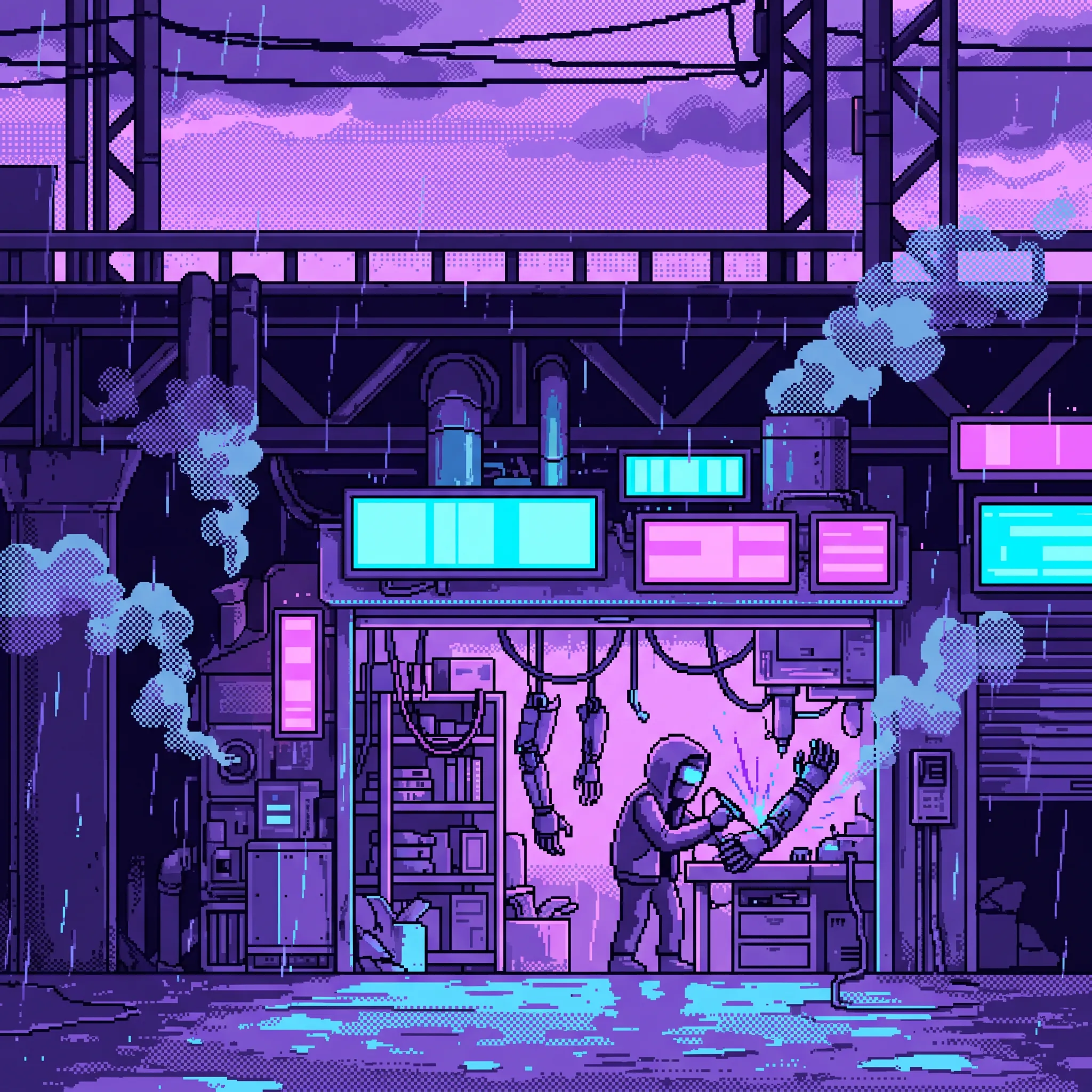 16-bit pixel art scene of a cybernetic arm repair stall at night in violet and cyan, cyberpunk art style