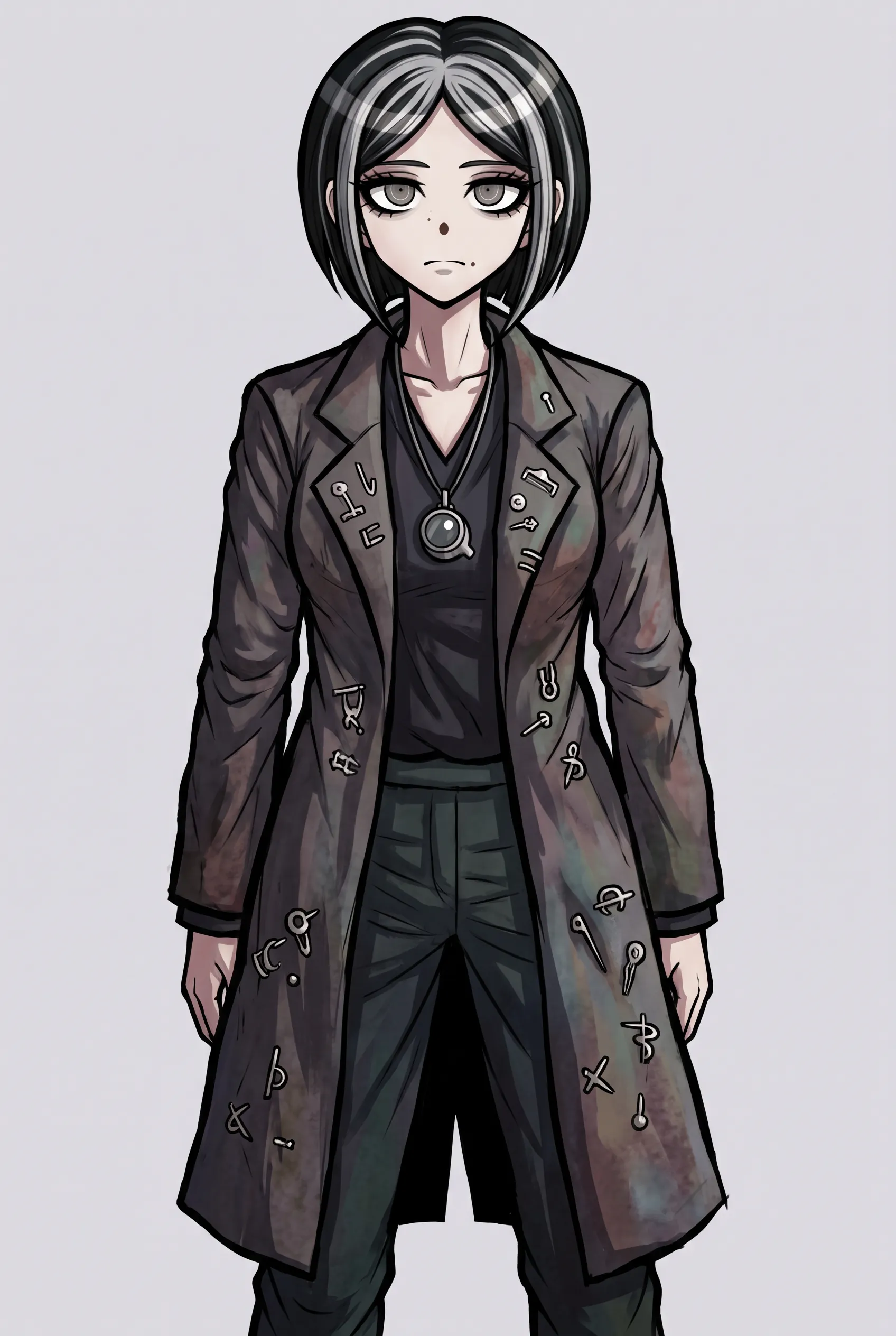 Full-body character sprite of a pawnbroker in her forties with a silver-streaked bob, Danganronpa art style