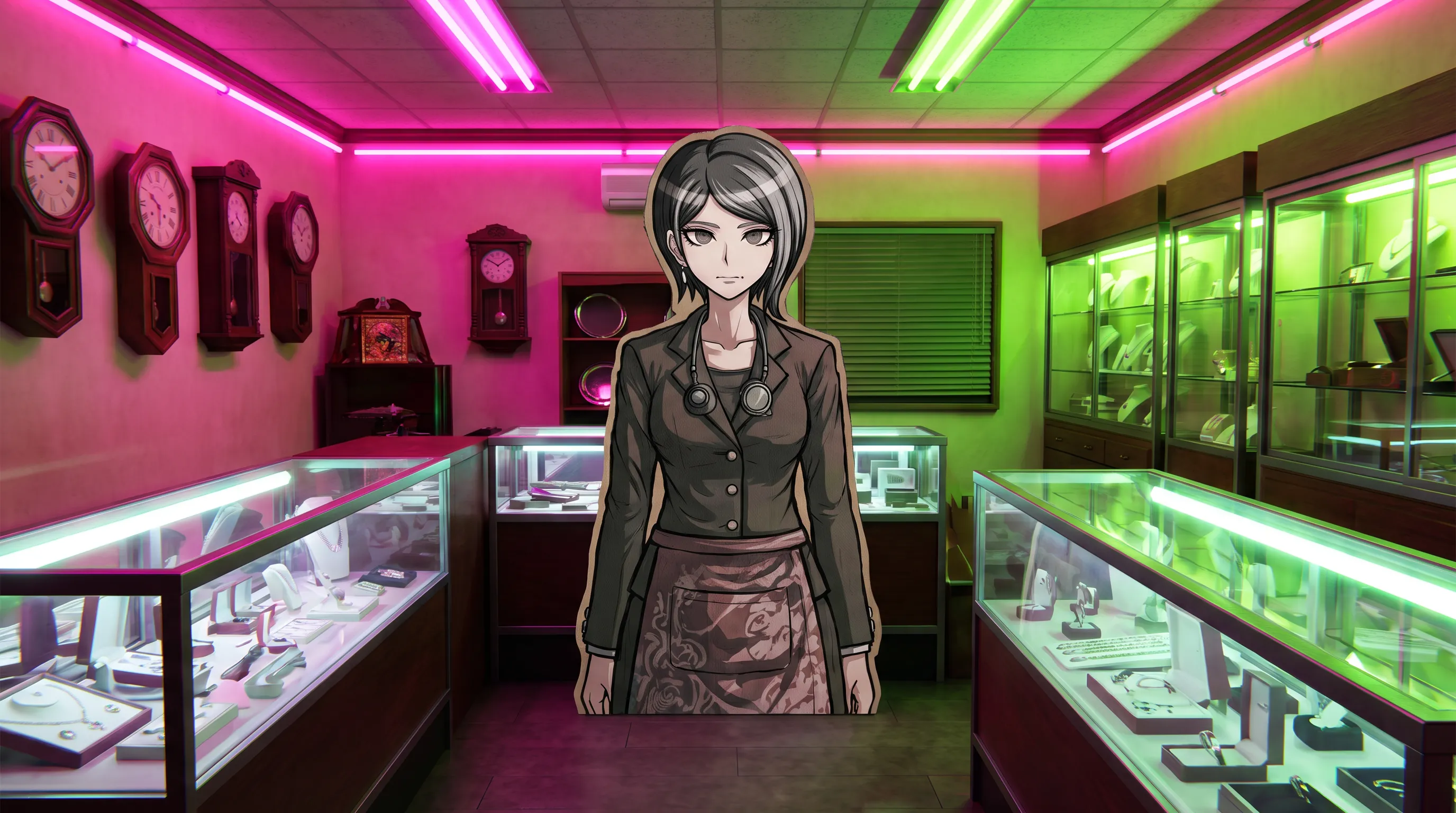 Flat painted pawnbroker figure standing inside a 3D-rendered pawnshop, Danganronpa art style