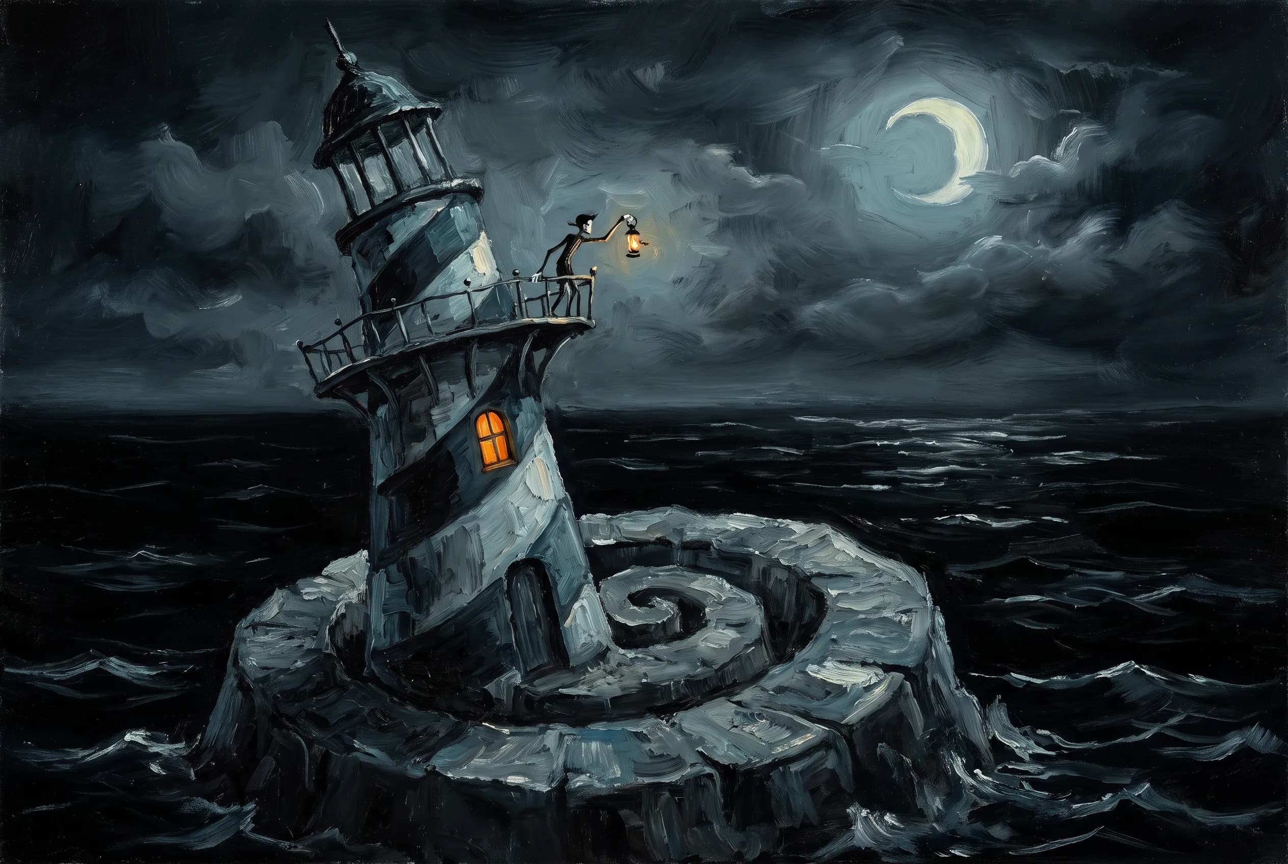 Moody oil painting of a crooked striped lighthouse on a spiral-shaped rock at night
