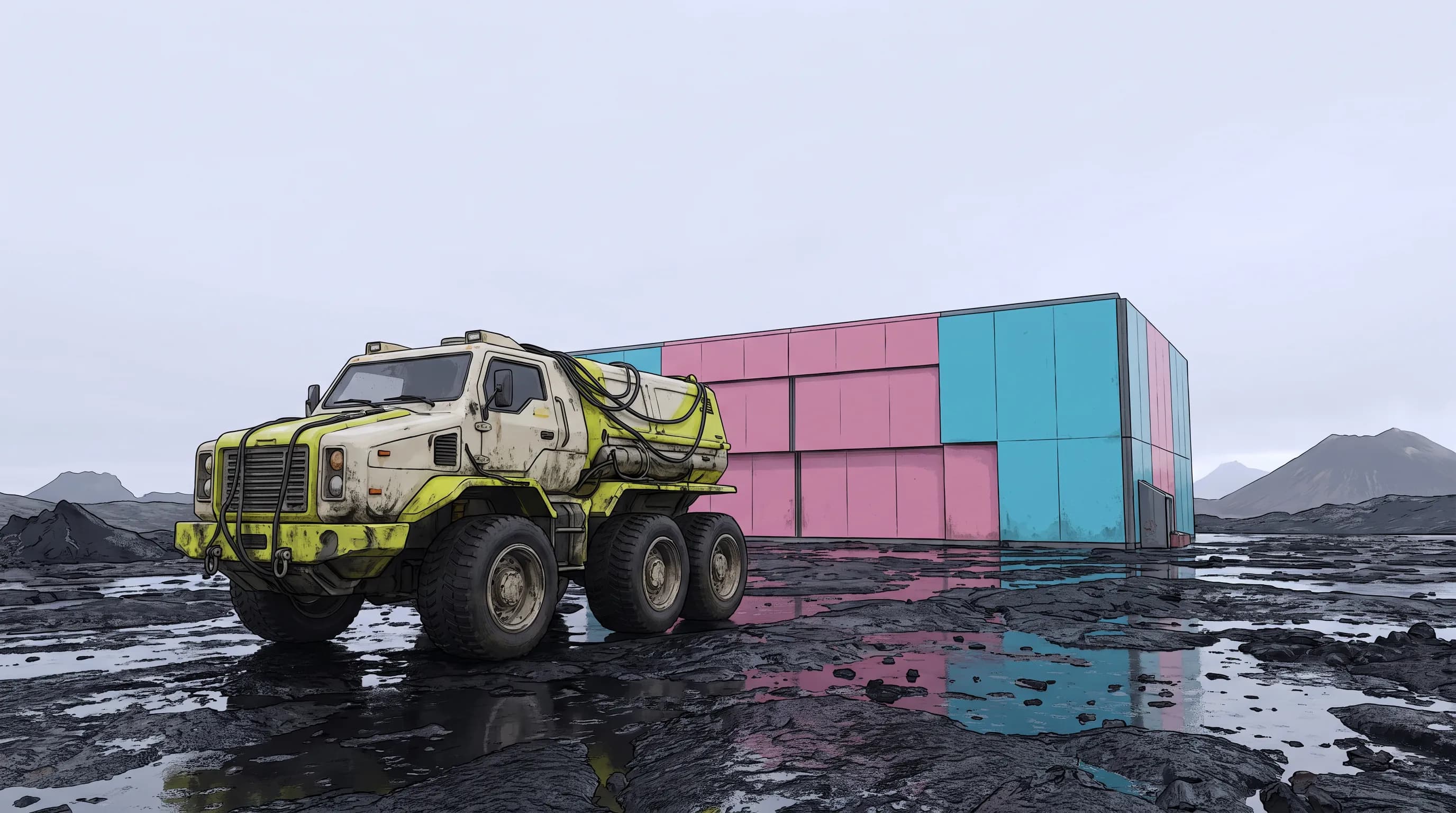 Bone-white and yellow cargo tug on black volcanic rock with a color-block hangar behind, matte painting in Marathon art style