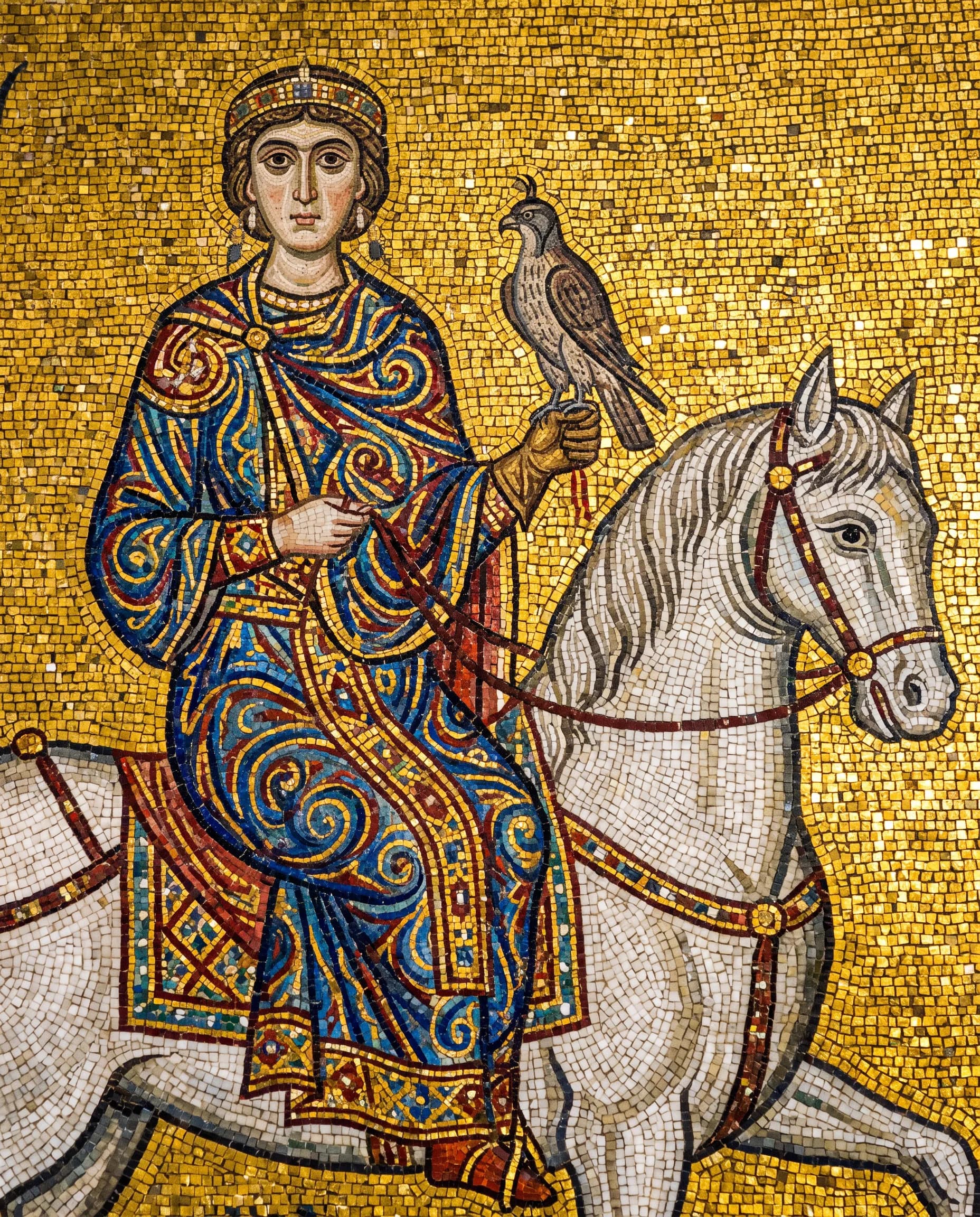Byzantine-style gold mosaic of a noblewoman falconer on a white horse, medieval art style