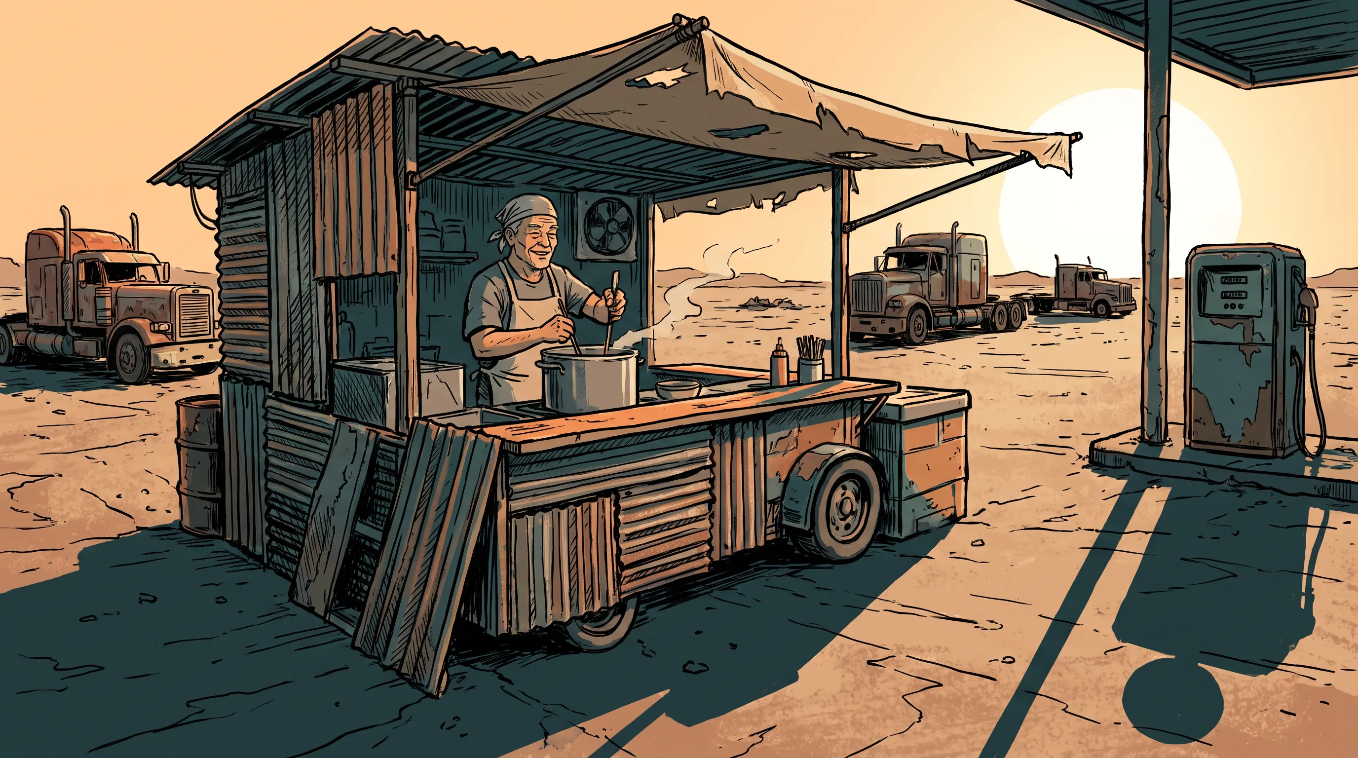 Gray-haired cook at a roadside noodle stand at a desert truck stop, game key art in Borderlands art style
