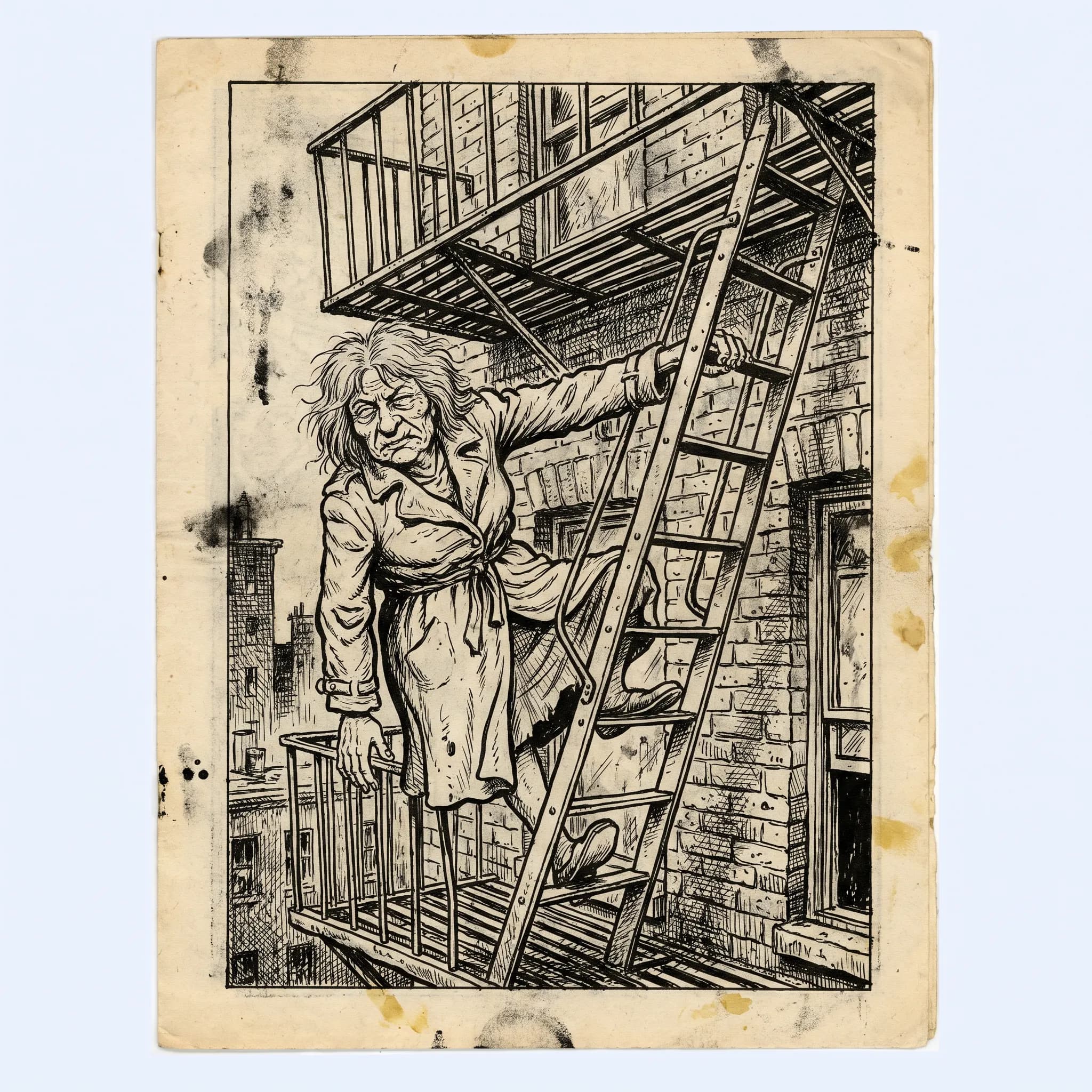 Gray-haired detective on a crooked fire escape in 1960s underground comix art style