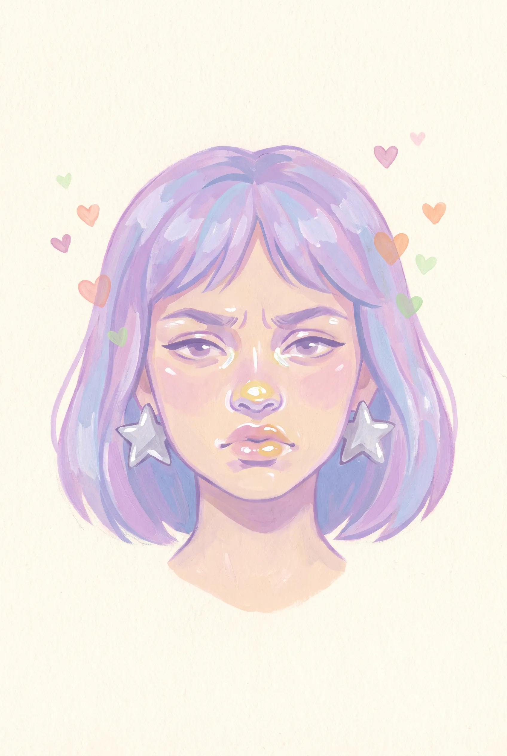 Gouache illustration of a young woman with a lilac bob and silver star earrings in jelly art style