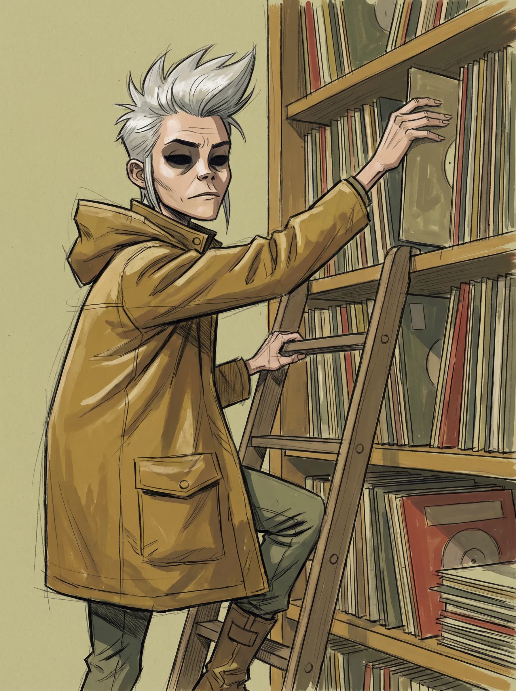 Record-shop owner on a ladder stacking vinyl, gouache and pencil illustration in the Gorillaz art style