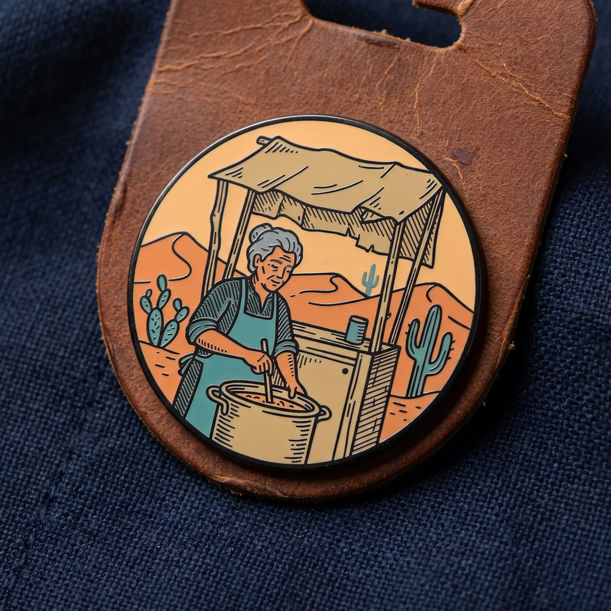 Enamel pin of a gray-haired noodle cook at a tiny desert food stand, Borderlands art style