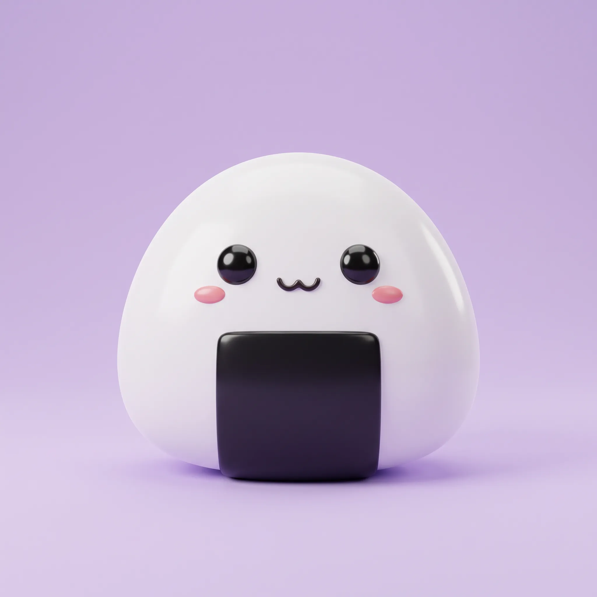 3D render of a round onigiri rice ball mascot on lavender, kawaii art style