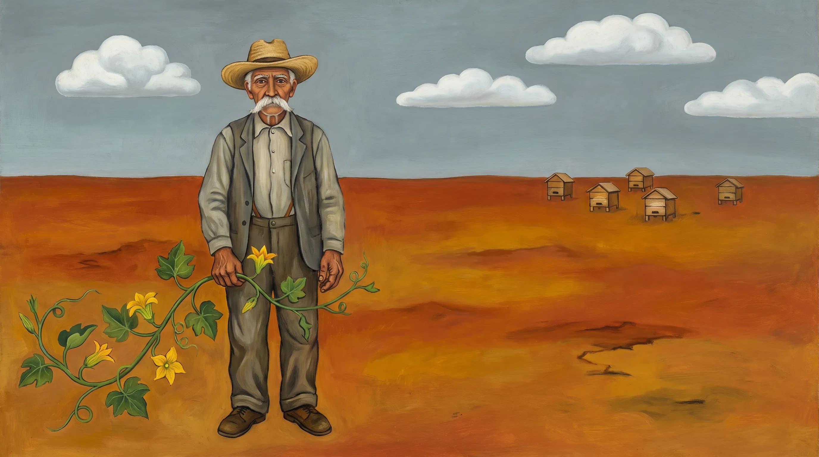 Wide oil painting of an elderly beekeeper standing in a bare ocher landscape, Frida Kahlo art style