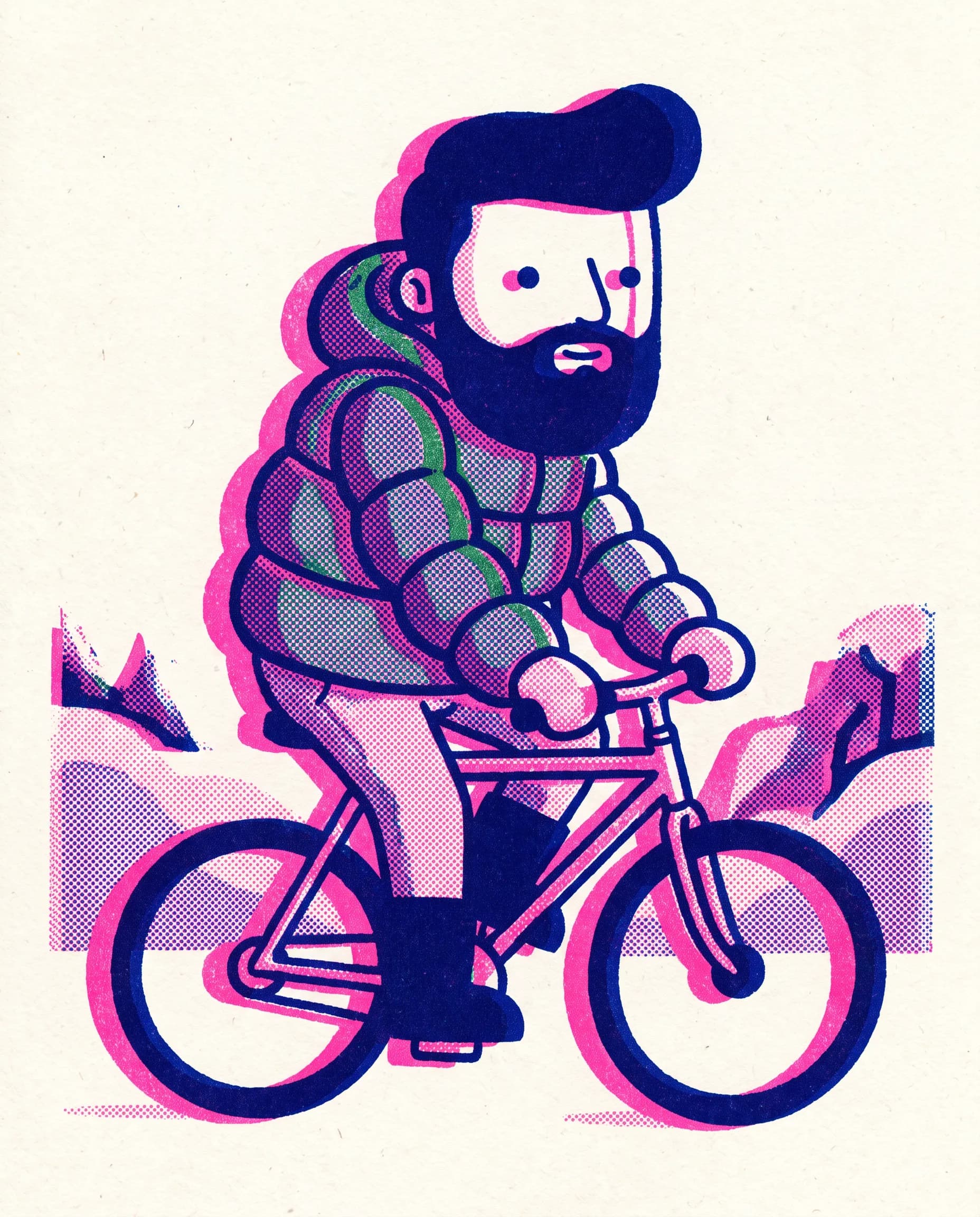 Bearded bookshop clerk cycling past snowbanks, pink and navy risograph print in the Scott Pilgrim art style