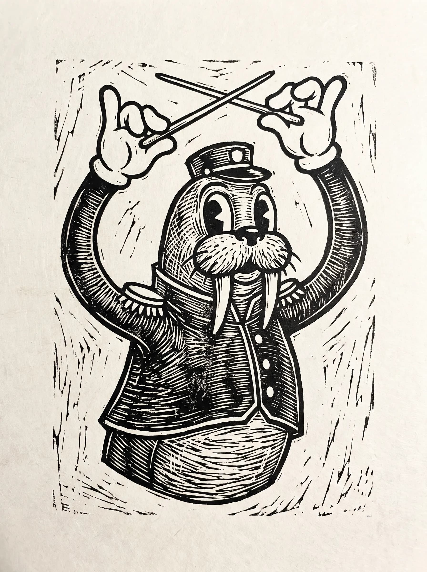 Linocut print of a walrus bandleader conducting, rubber hose art style