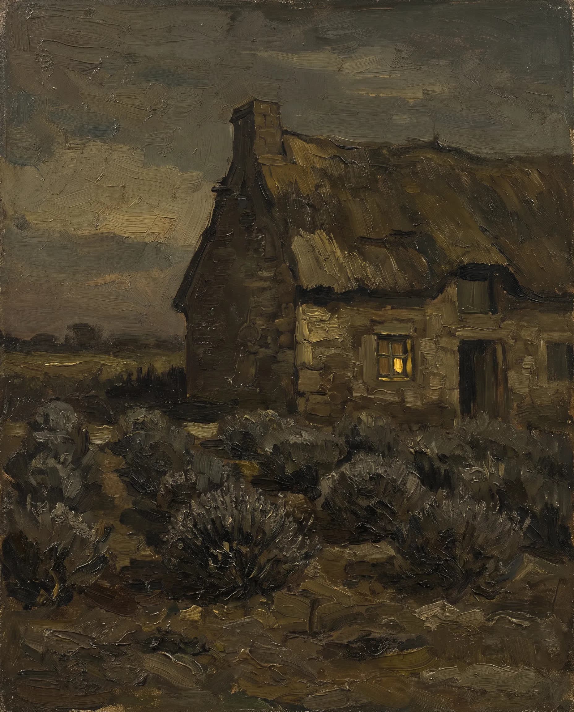 Dark earth-toned oil study of a farmhouse and lavender field at dusk, early Van Gogh art style