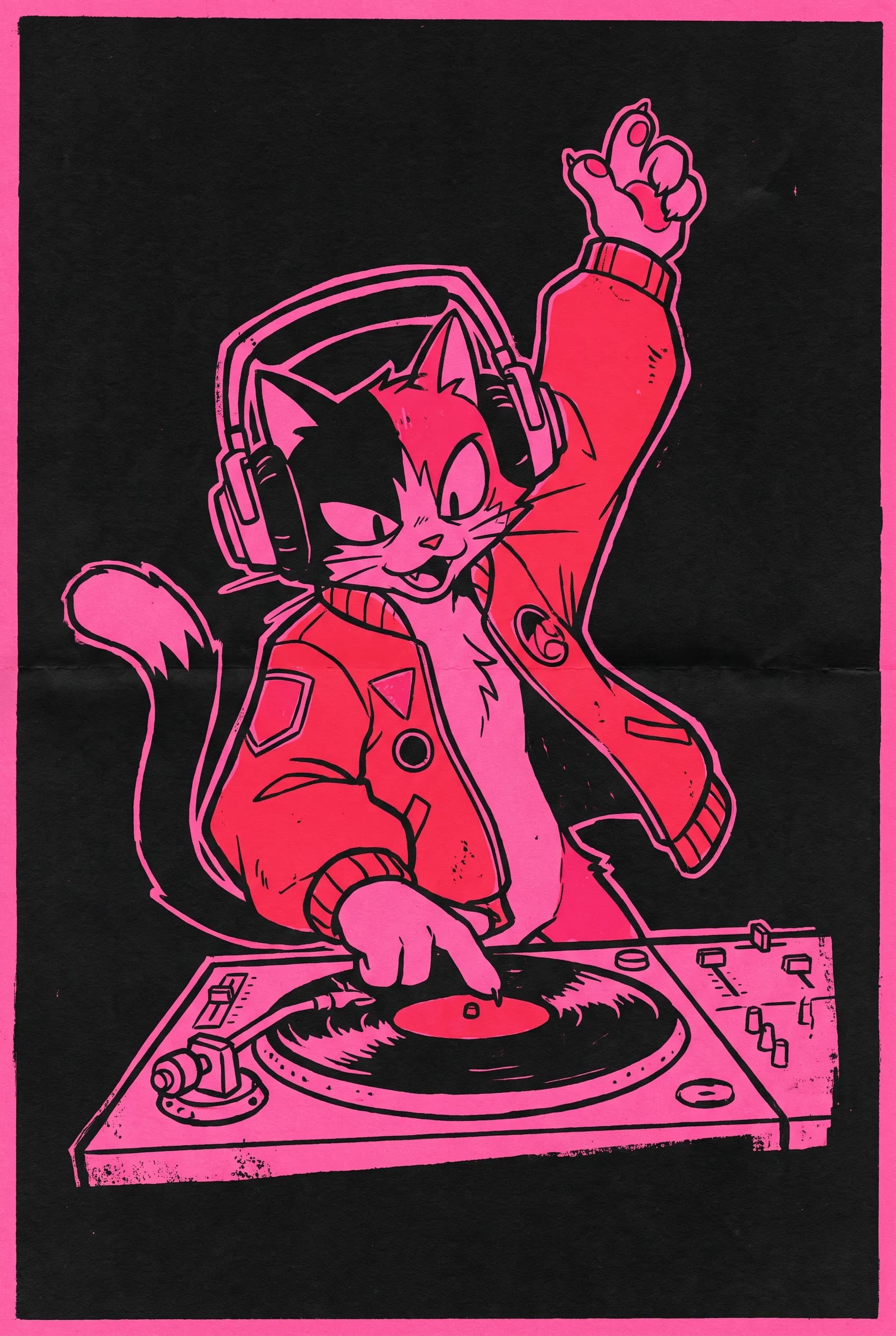 Screen-printed gig poster of a lanky alley cat DJ in hot pink and black, Panty and Stocking art style