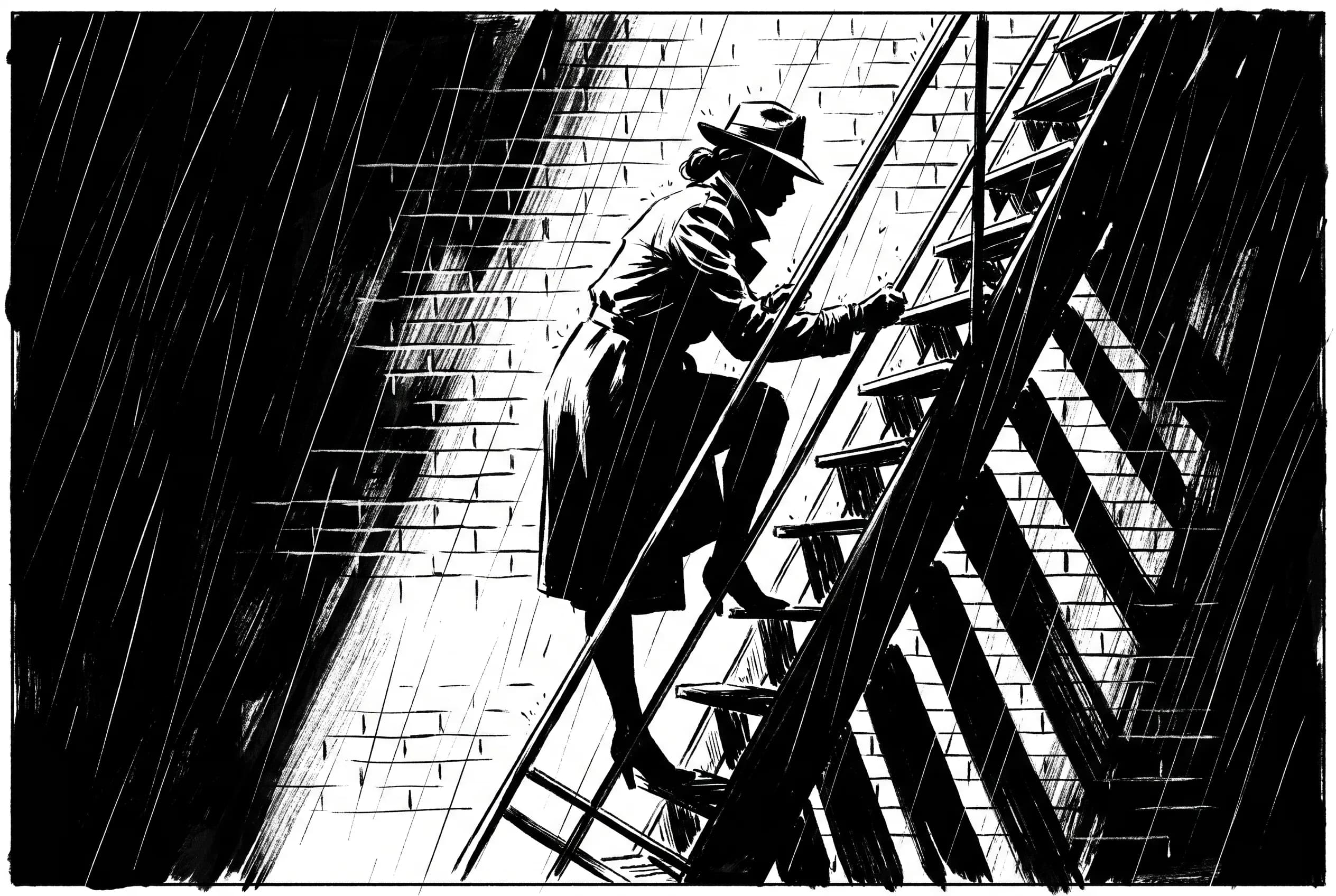Gray-haired detective silhouetted on a fire escape in high-contrast noir comic style