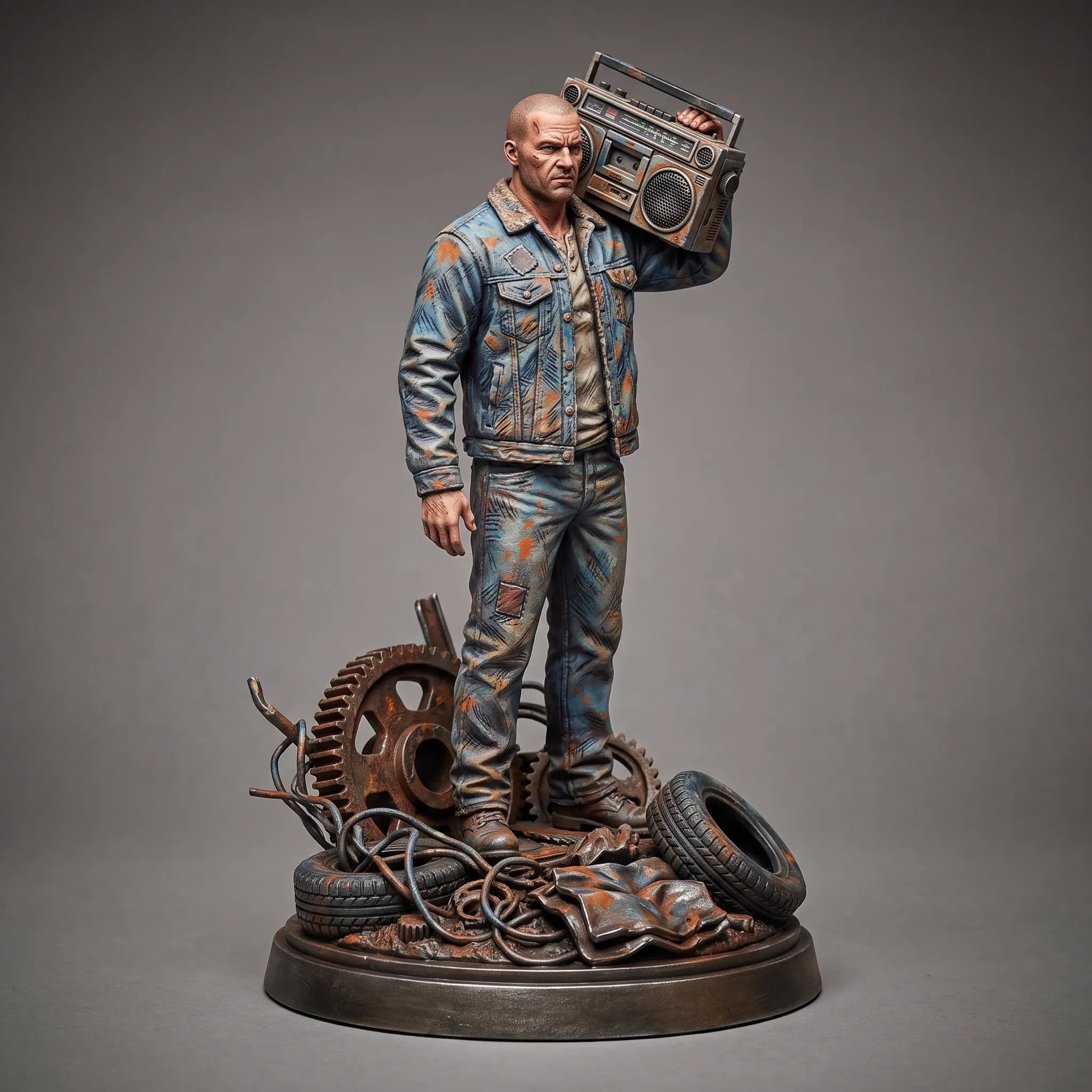 Painted resin figure of an adult scrapyard mechanic on a base of sculpted junk, Gachiakuta art style