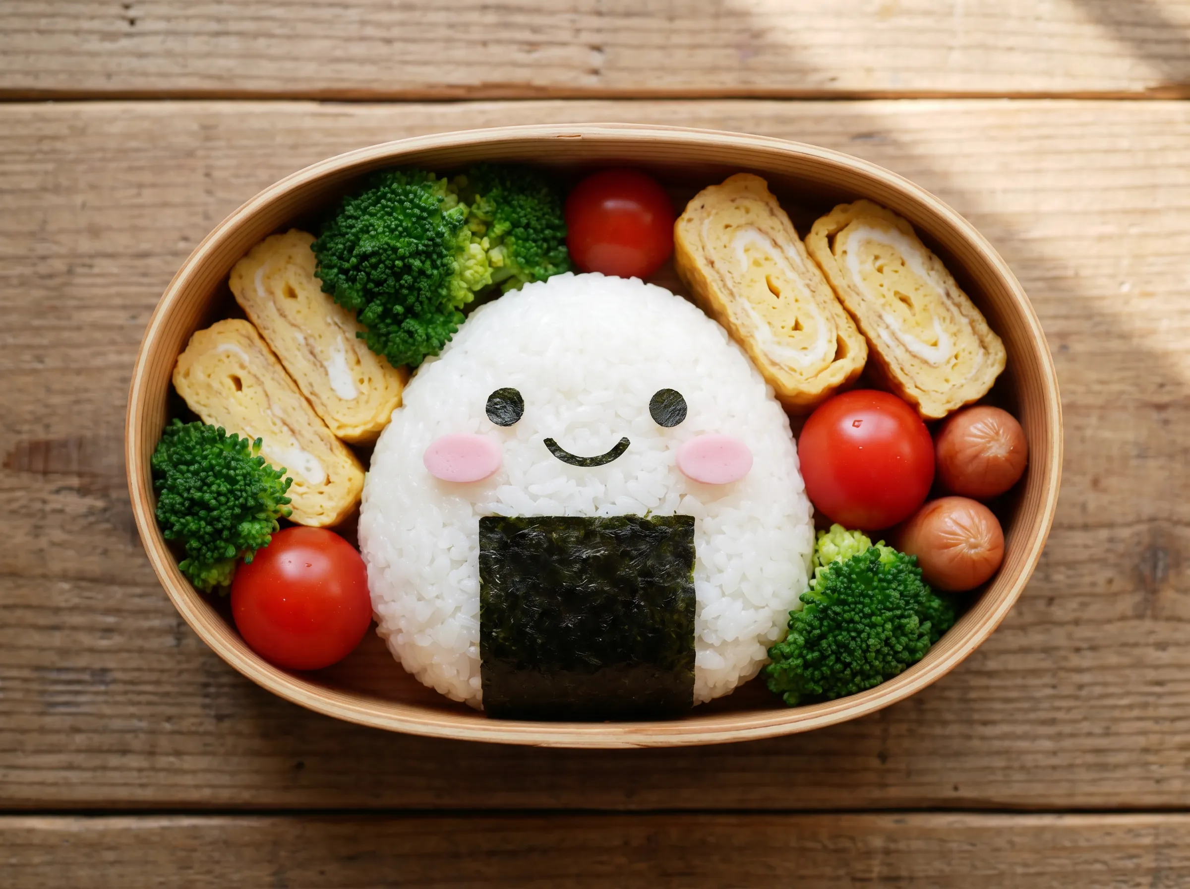Character bento with rice shaped into an onigiri mascot face, kawaii art style