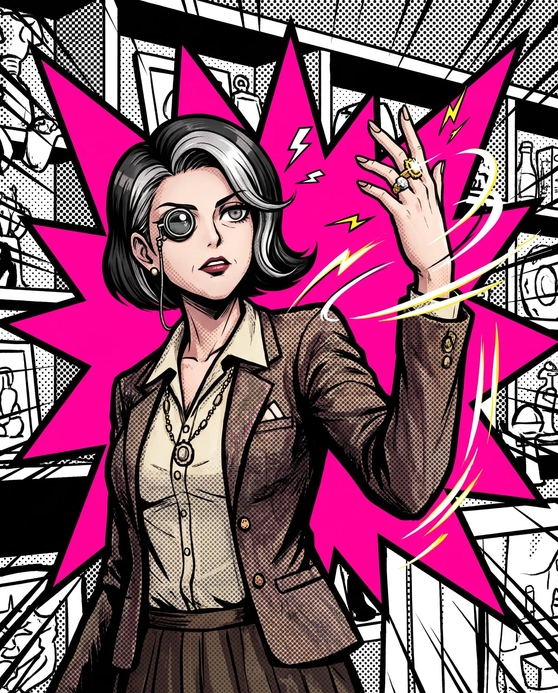 Pop-art key art of a pawnbroker with a raised hand against a hot pink starburst, Danganronpa art style