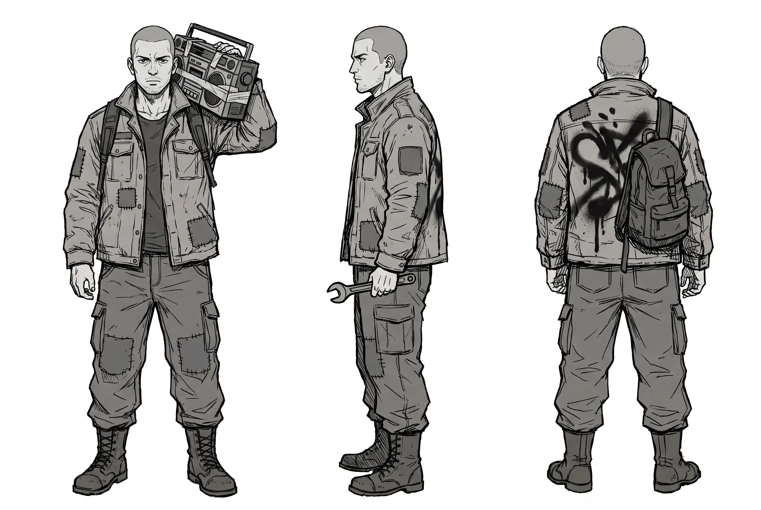 Character design sheet of an adult scrapyard mechanic in front, side and back views, Gachiakuta art style