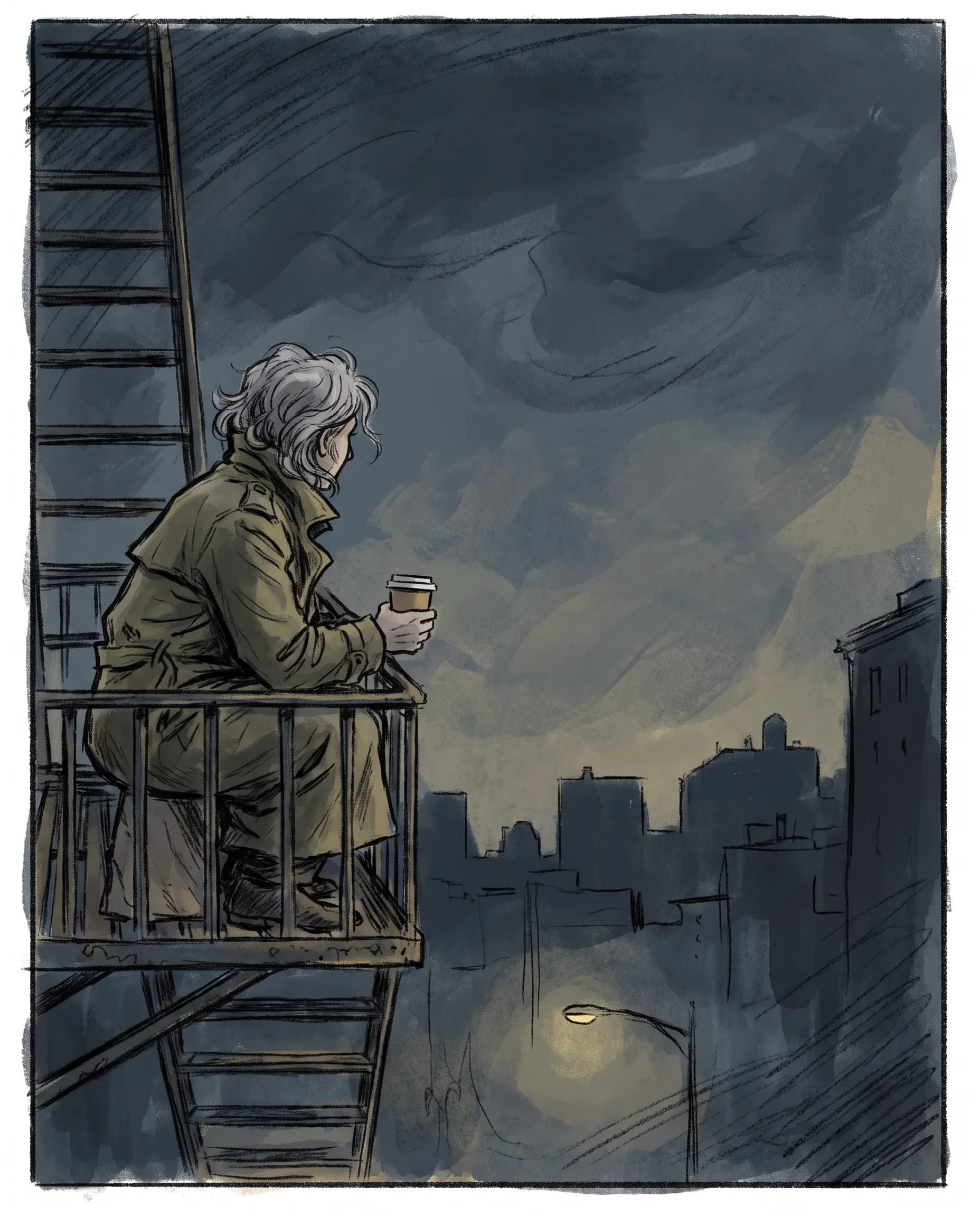 Gray-haired detective resting on a fire escape in an indie graphic novel art style with a two-tone wash