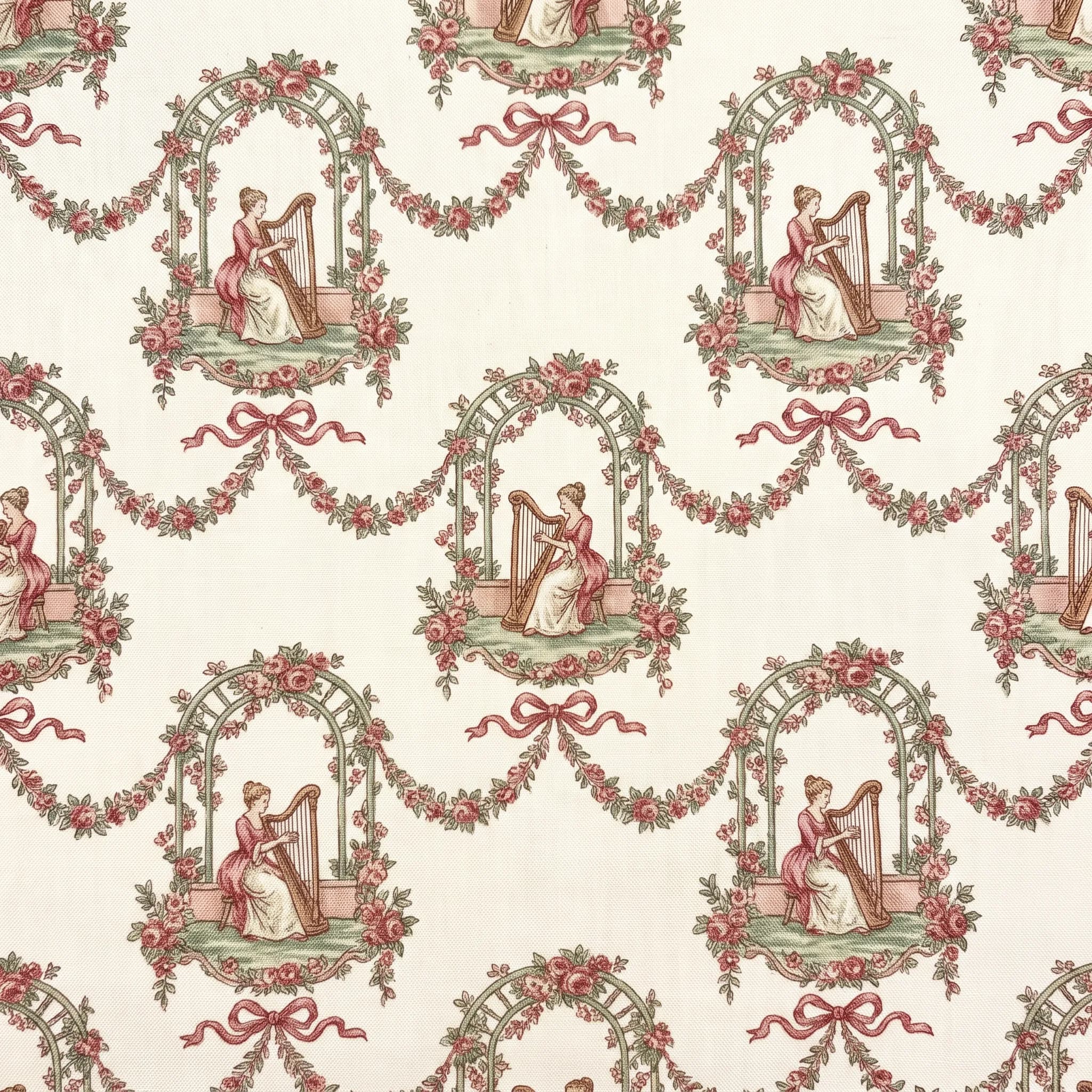 Printed cotton pattern repeating a tiny harpist under a garden arbor, rococo art style