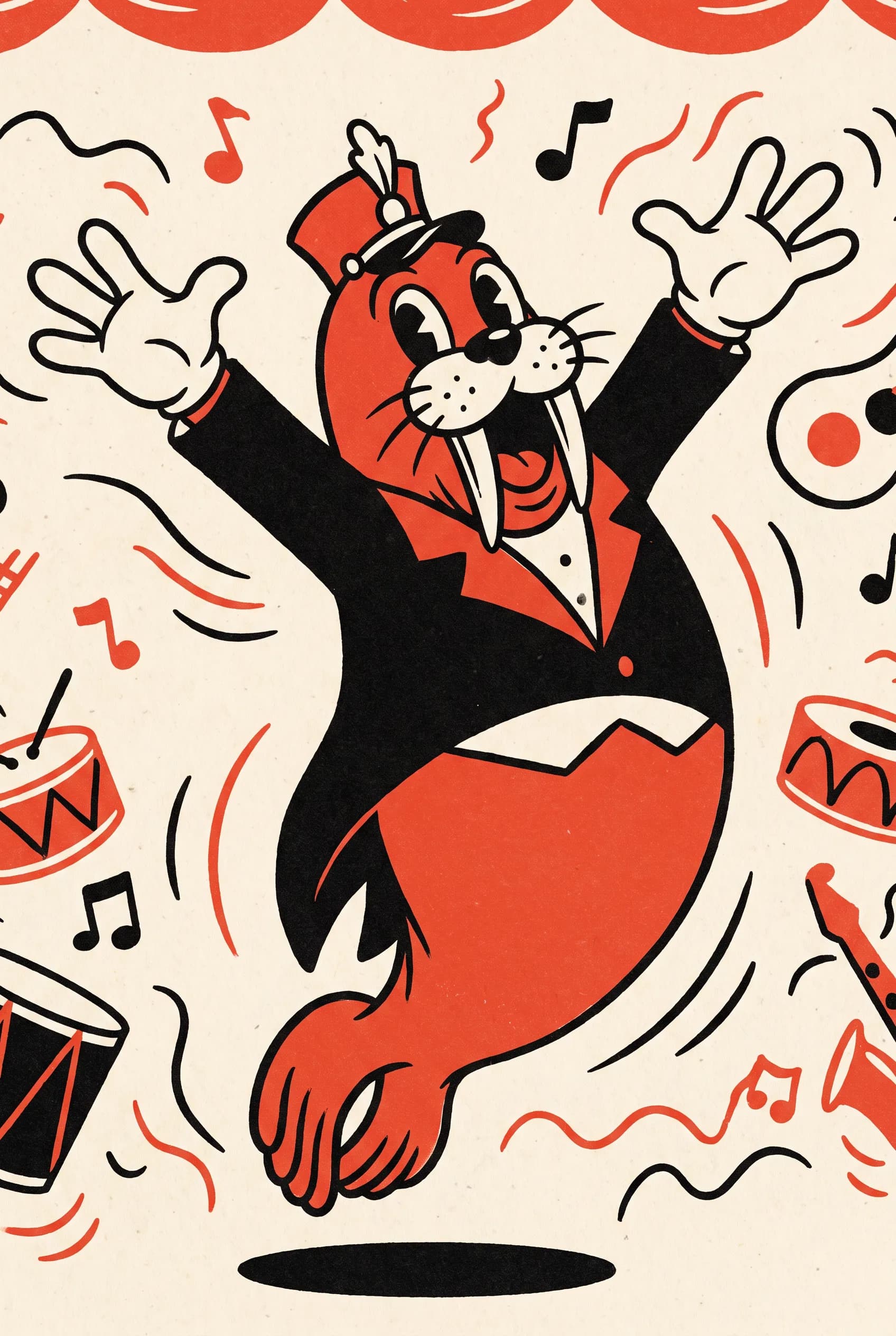 Two-color screen-printed poster of a bouncing walrus bandleader in rubber hose art style